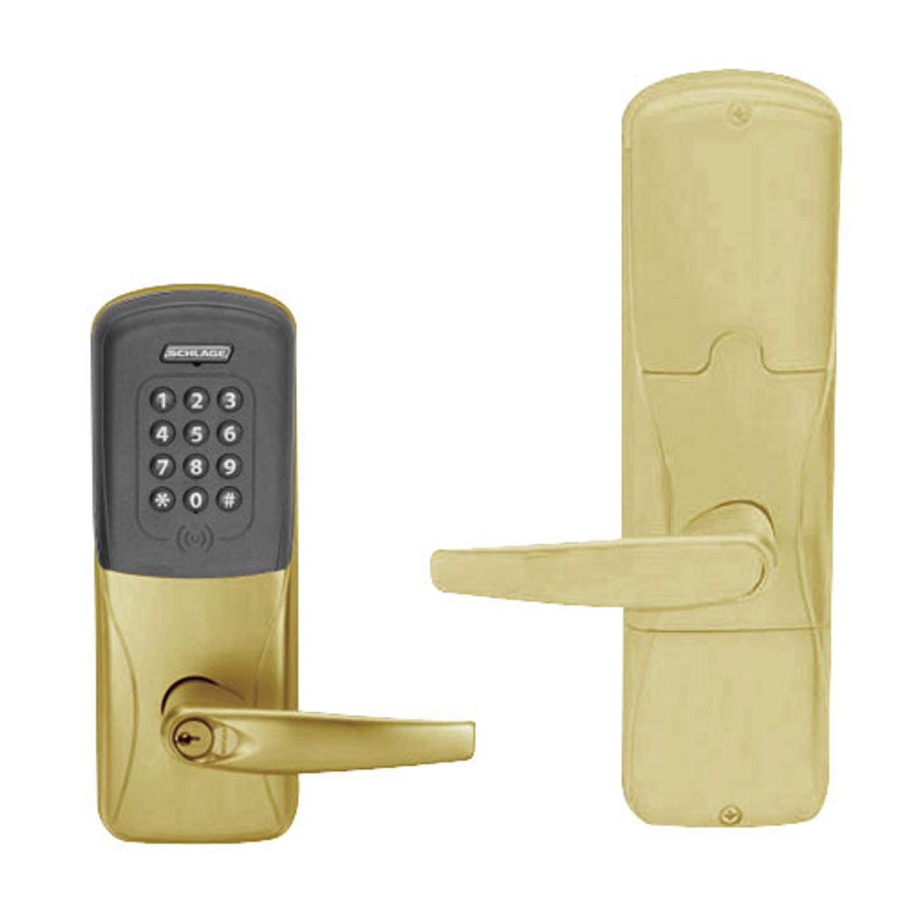AD200-MS-70-MTK-ATH-GD-29R-606 Schlage Classroom/Storeroom Mortise Multi-Technology Keypad Lock with Athens Lever in Satin Brass