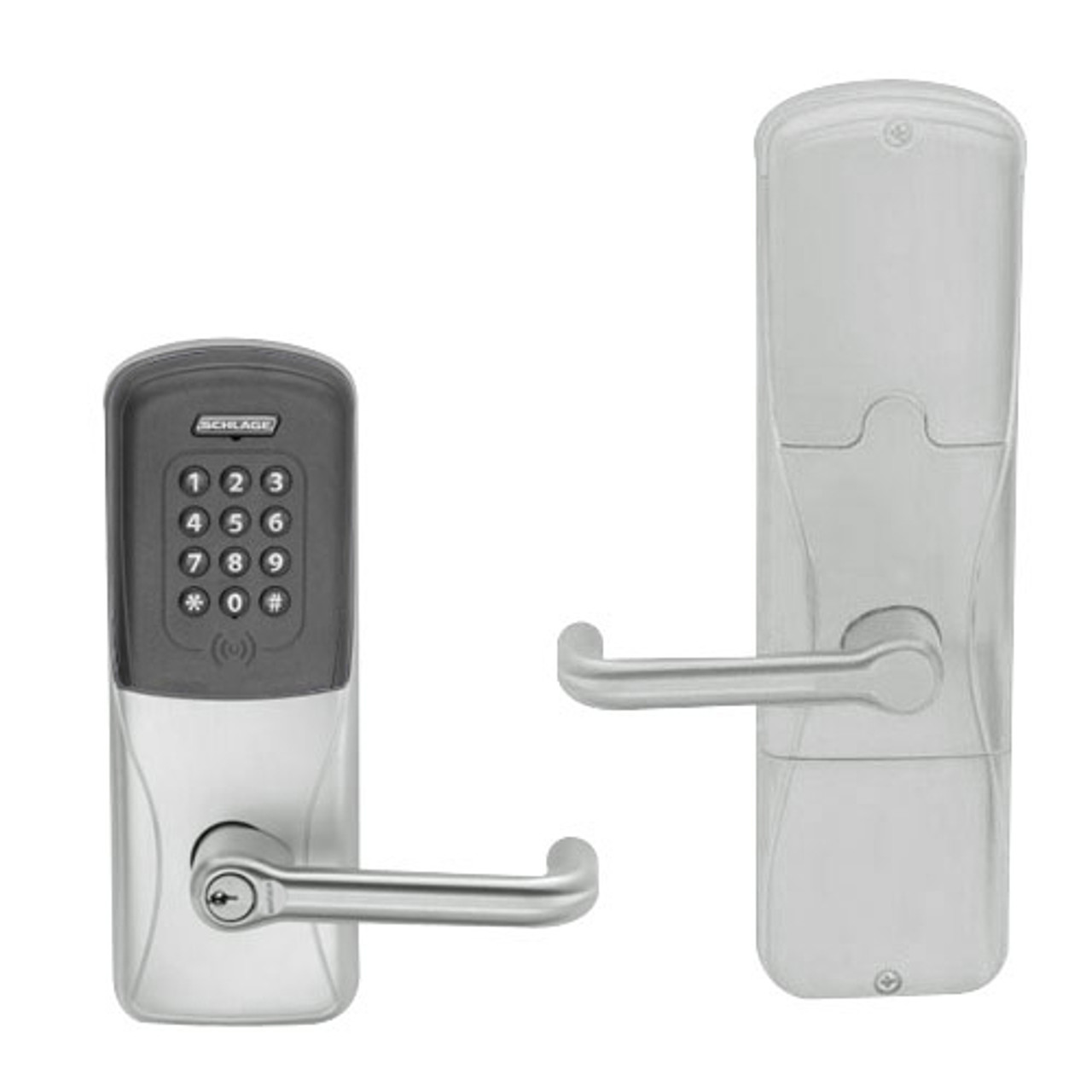 AD200-MS-50-MTK-TLR-GD-29R-619 Schlage Office Mortise Multi-Technology Keypad Lock with Tubular Lever in Satin Nickel