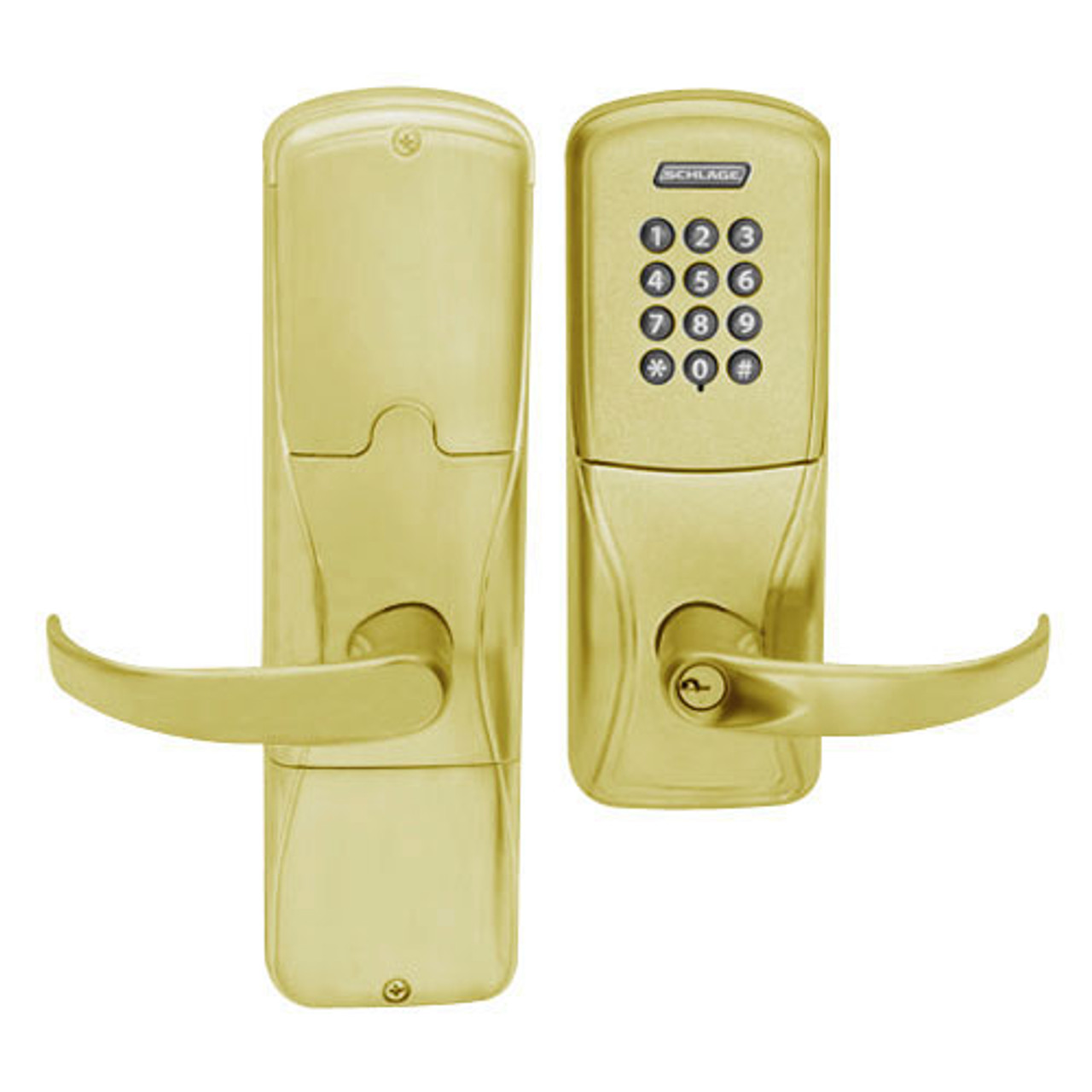 AD200-MS-70-KP-SPA-PD-606 Schlage Classroom/Storeroom Mortise Keypad Lock with Sparta Lever in Satin Brass