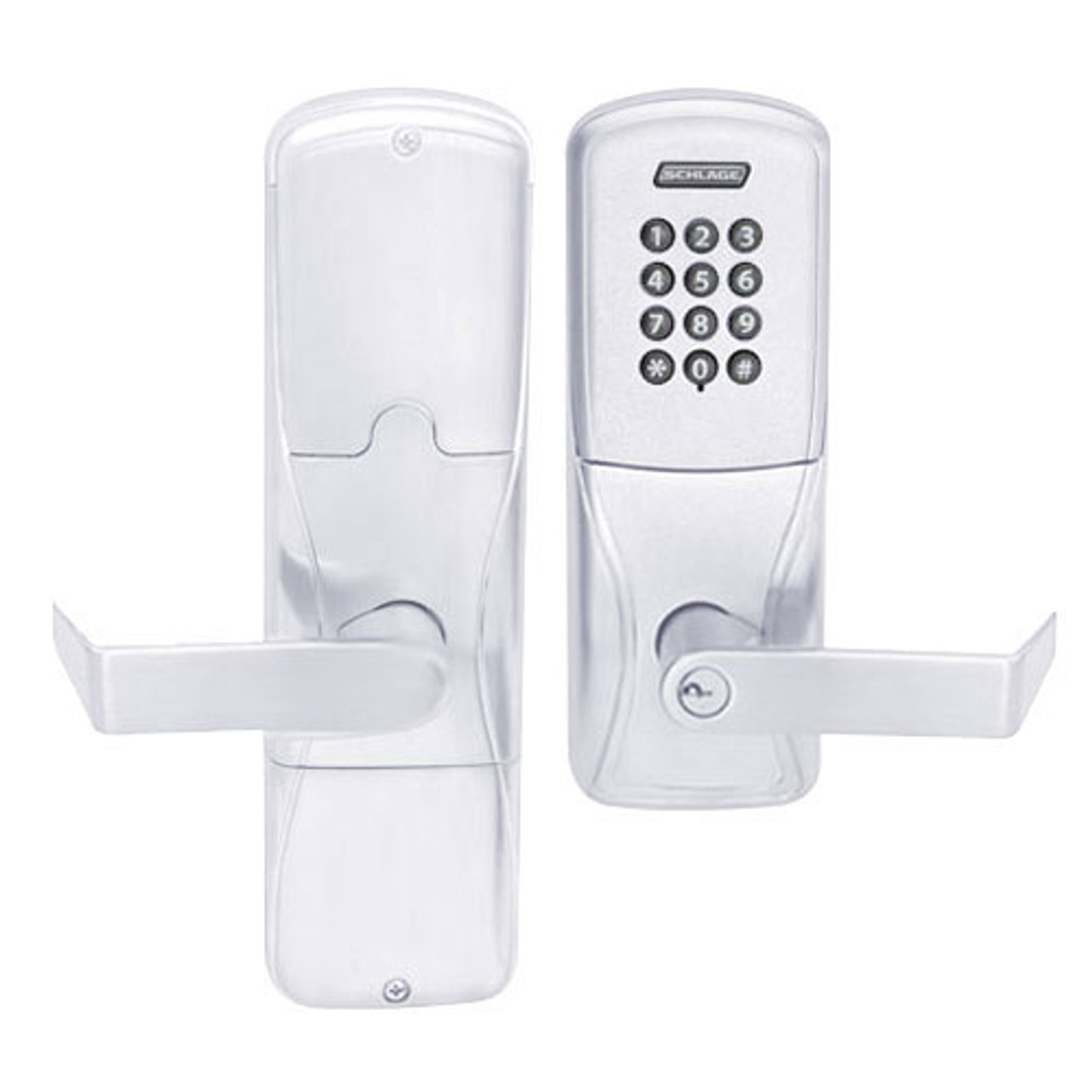 AD200-MS-70-KP-RHO-PD-625 Schlage Classroom/Storeroom Mortise Keypad Lock with Rhodes Lever in Bright Chrome