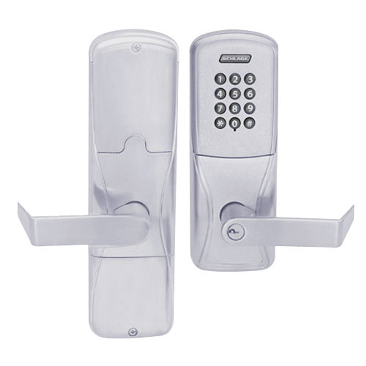 AD200-MS-70-KP-RHO-PD-626 Schlage Classroom/Storeroom Mortise Keypad Lock with Rhodes Lever in Satin Chrome