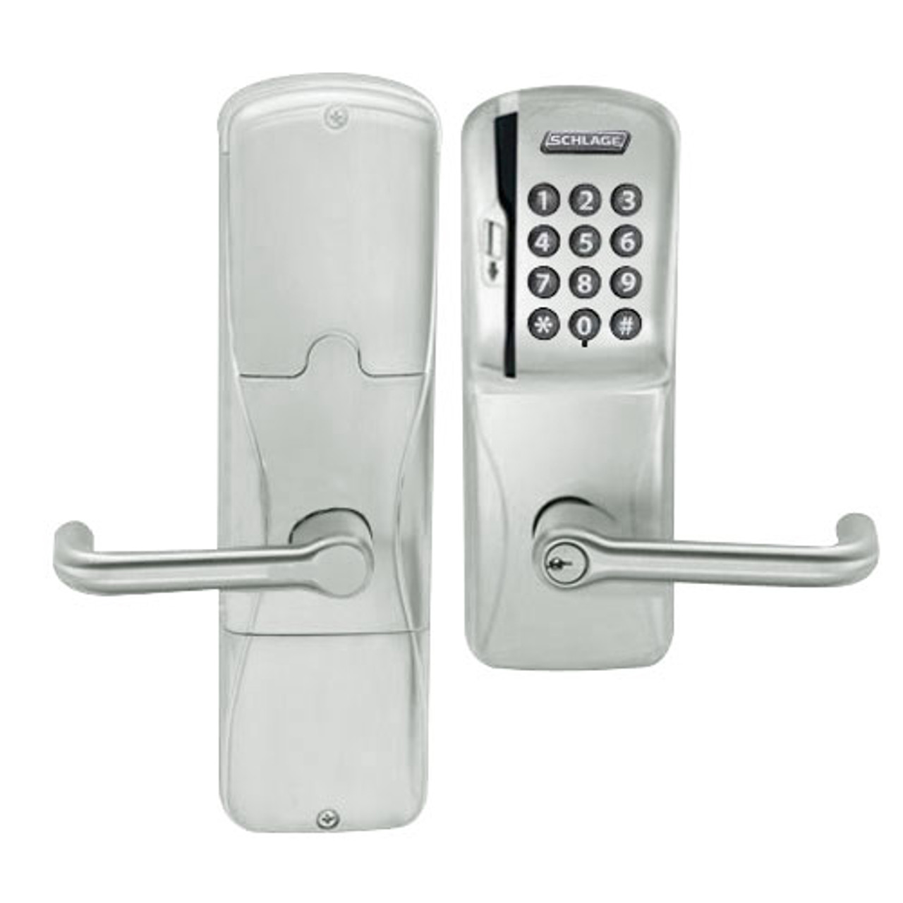 AD200-MS-70-MSK-TLR-PD-619 Schlage Classroom/Storeroom Mortise Magnetic Stripe Keypad Lock with Tubular Lever in Satin Nickel