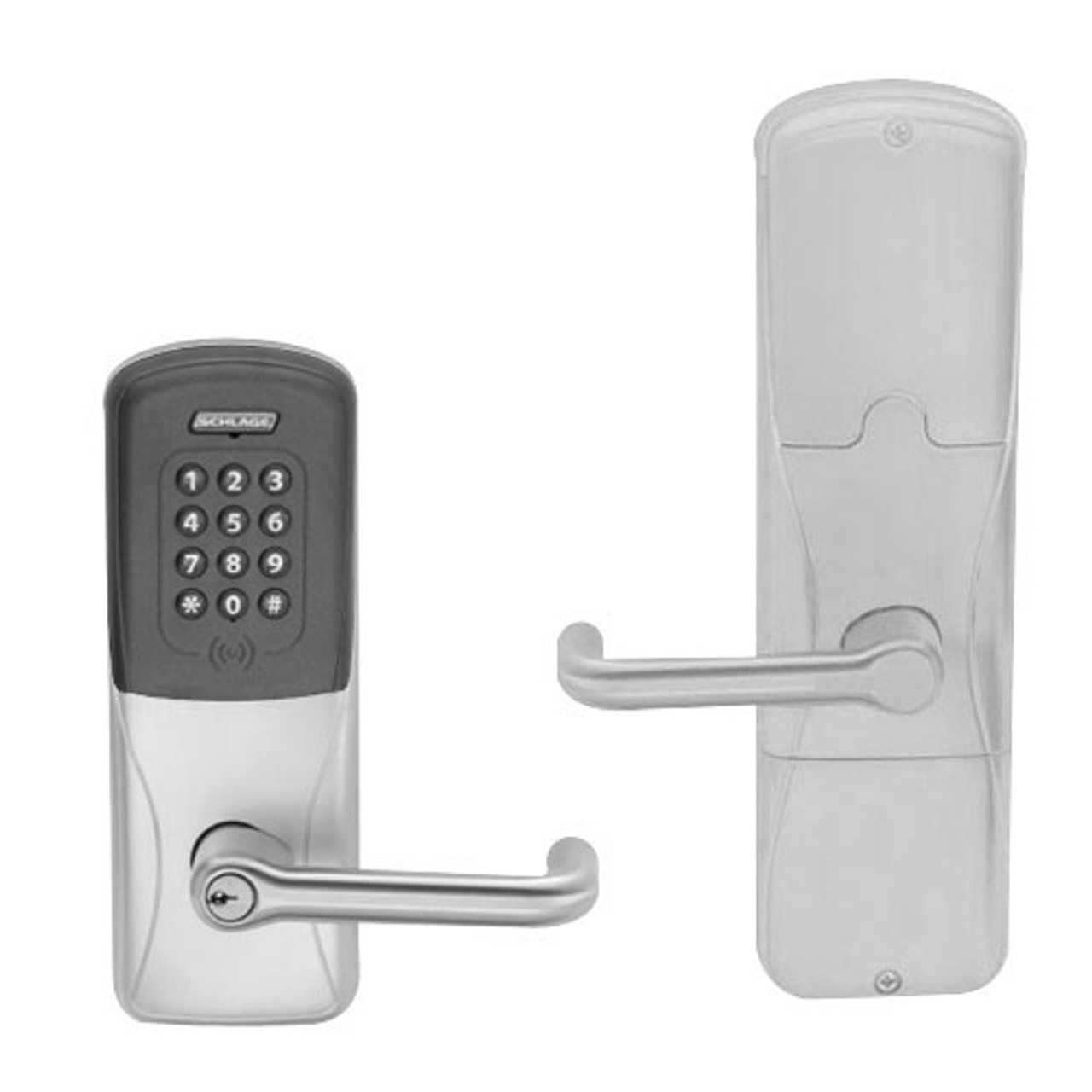AD200-MS-40-MTK-TLR-PD-619 Schlage Privacy Mortise Multi-Technology Keypad Lock with Tubular Lever in Satin Nickel
