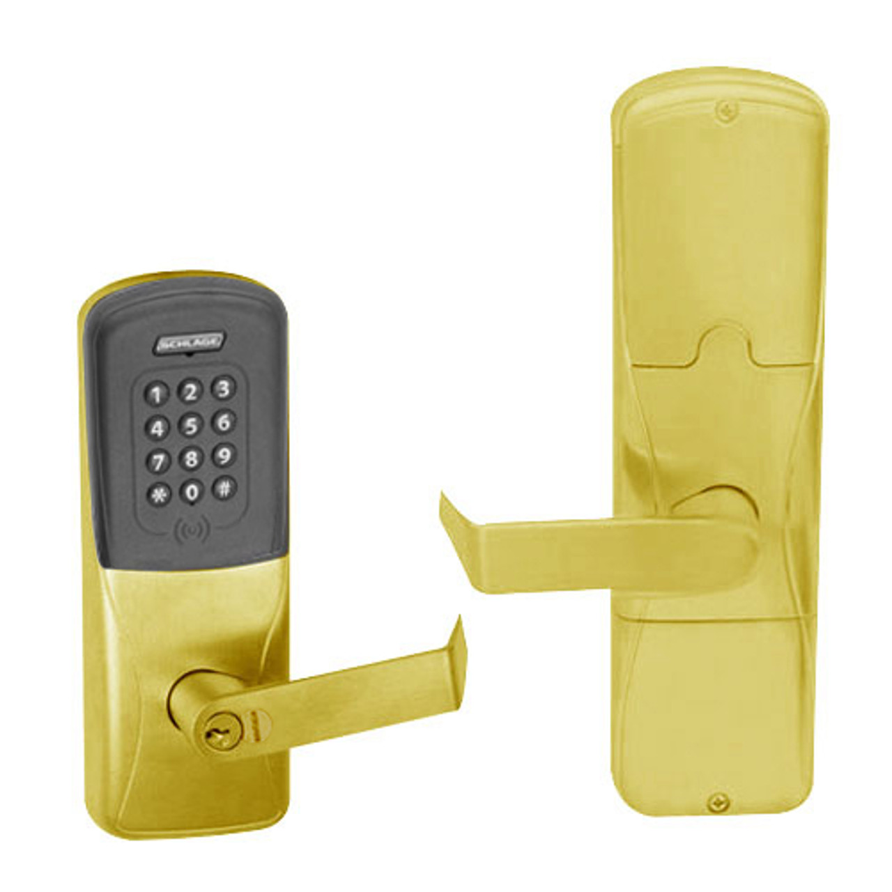 AD200-MD-40-MTK-RHO-RD-605 Schlage Privacy Mortise Deadbolt Multi-Technology Keypad Lock with Rhodes Lever in Bright Brass