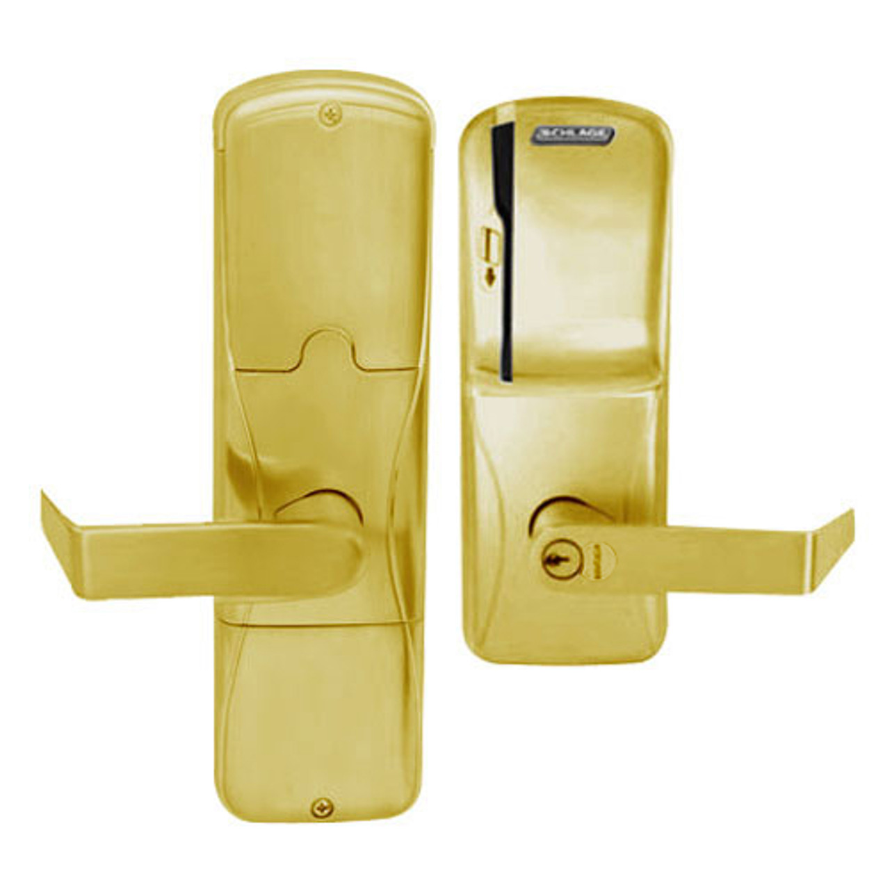 AD200-MD-60-MS-RHO-RD-605 Schlage Apartment Mortise Deadbolt Magnetic Stripe(Swipe) Lock with Rhodes Lever in Bright Brass