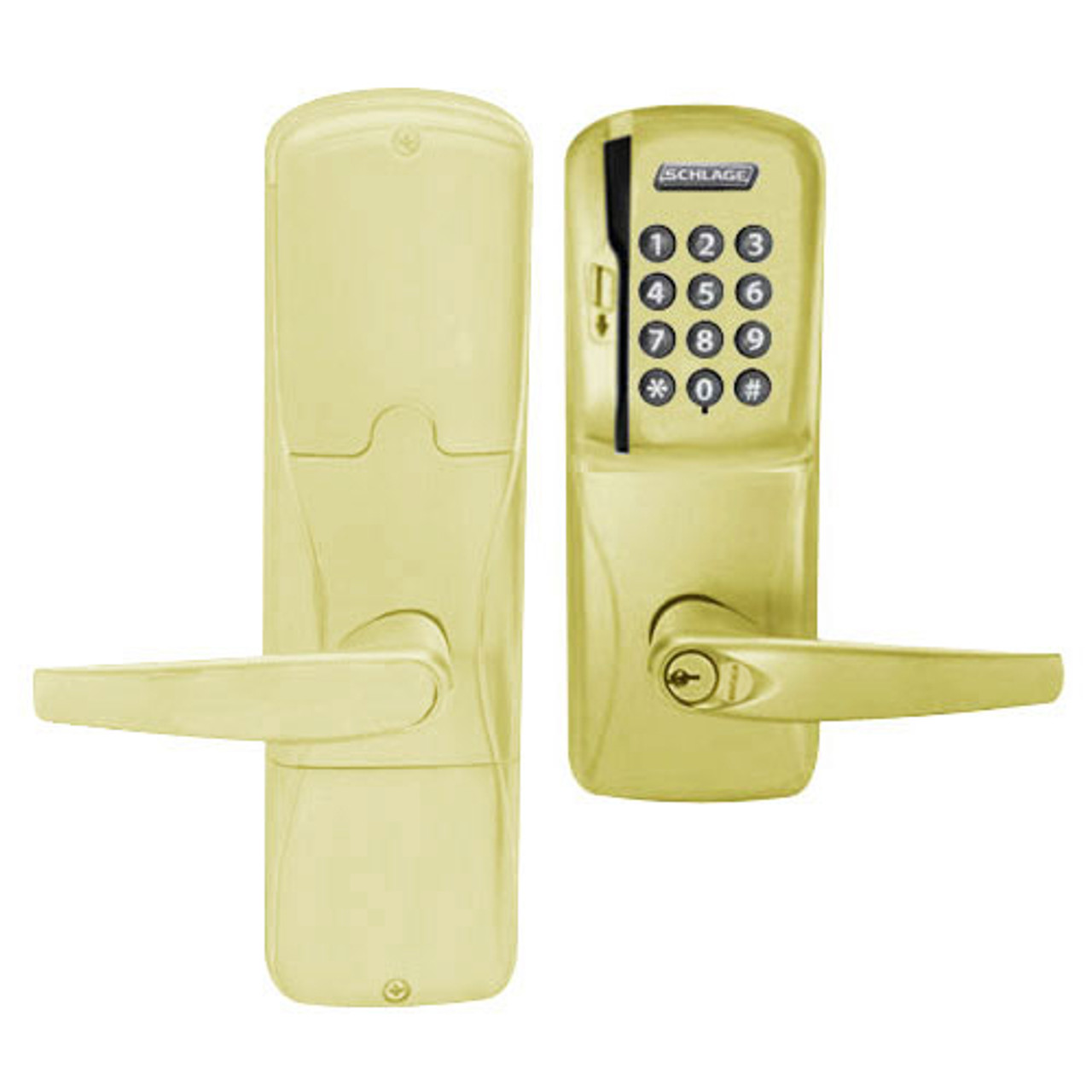 AD200-MD-40-MSK-ATH-GD-29R-605 Schlage Privacy Mortise Deadbolt Magnetic Stripe Keypad Lock with Athens Lever in Bright Brass