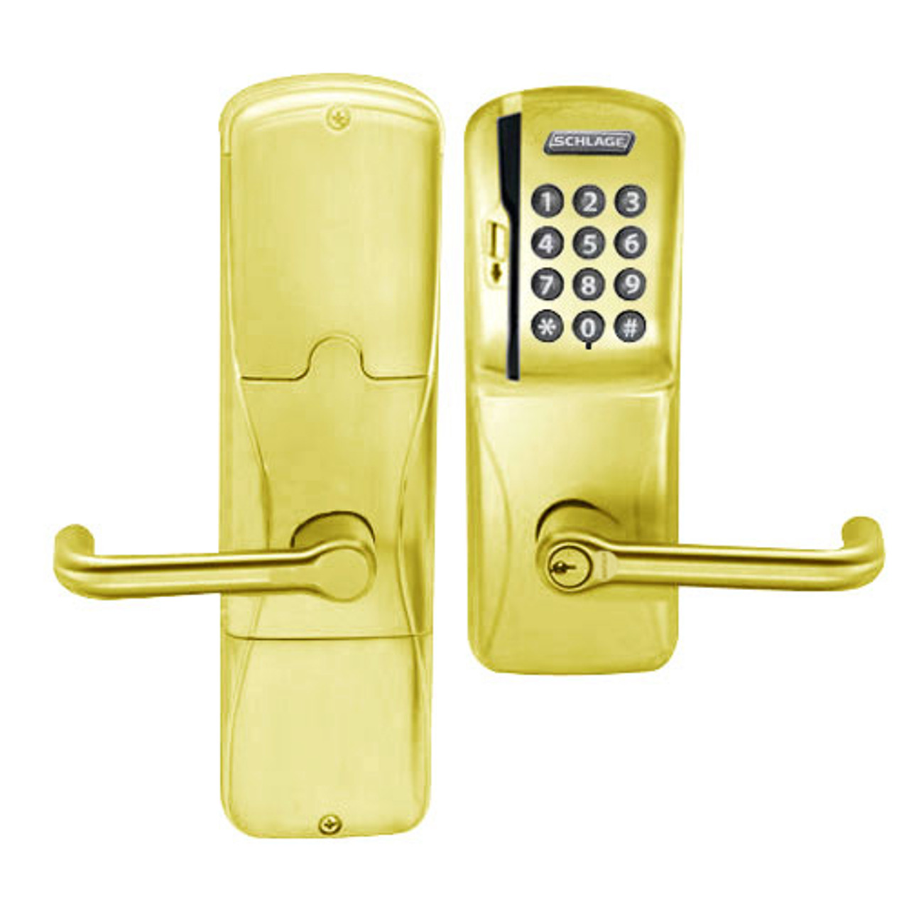 AD200-MD-40-MSK-TLR-GD-29R-605 Schlage Privacy Mortise Deadbolt Magnetic Stripe Keypad Lock with Tubular Lever in Bright Brass