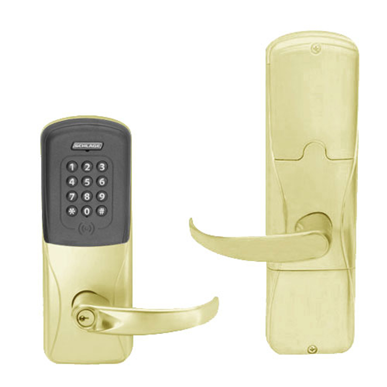 AD200-MD-40-MTK-SPA-PD-606 Schlage Privacy Mortise Deadbolt Multi-Technology Keypad Lock with Sparta Lever in Satin Brass