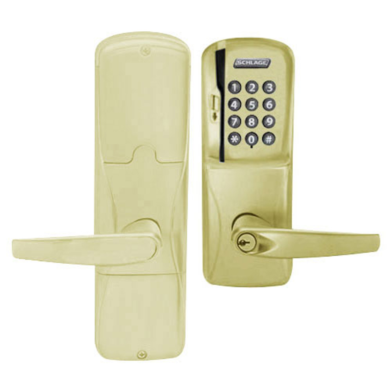 AD200-MD-60-MSK-ATH-PD-606 Schlage Apartment Mortise Deadbolt Magnetic Stripe Keypad Lock with Athens Lever in Satin Brass