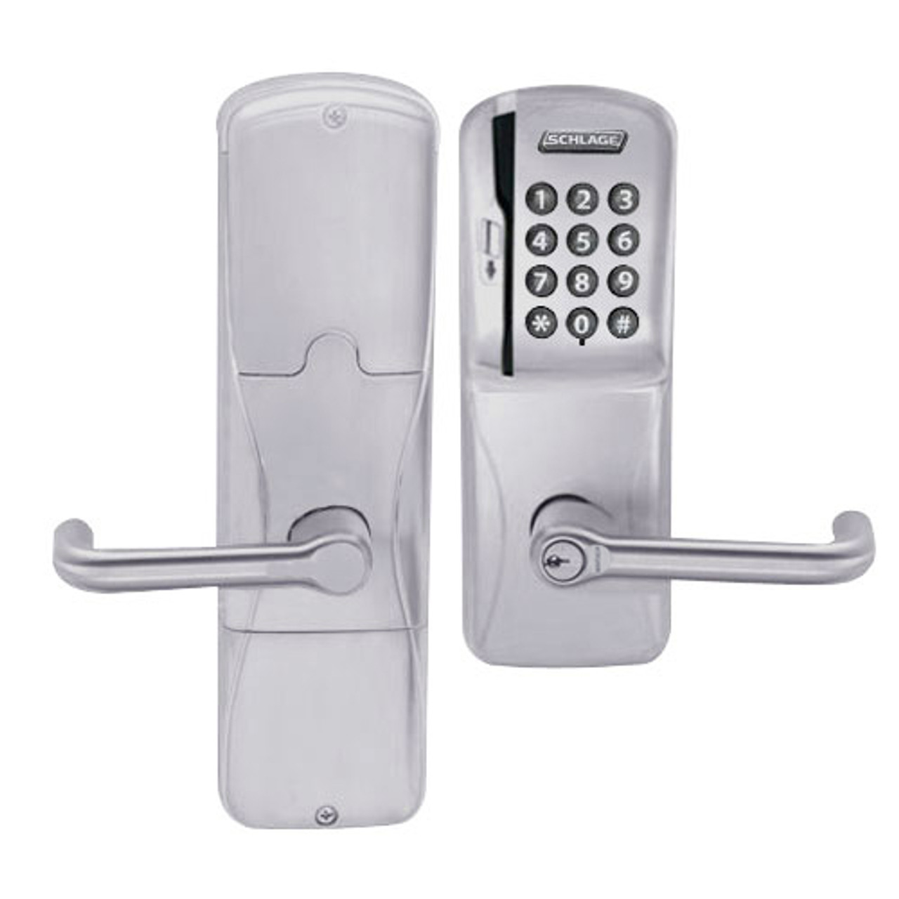 AD250-MS-70-MSK-TLR-GD-29R-626 Schlage Classroom/Storeroom Magnetic Stripe Keypad Lock with Tubular Lever in Satin Chrome