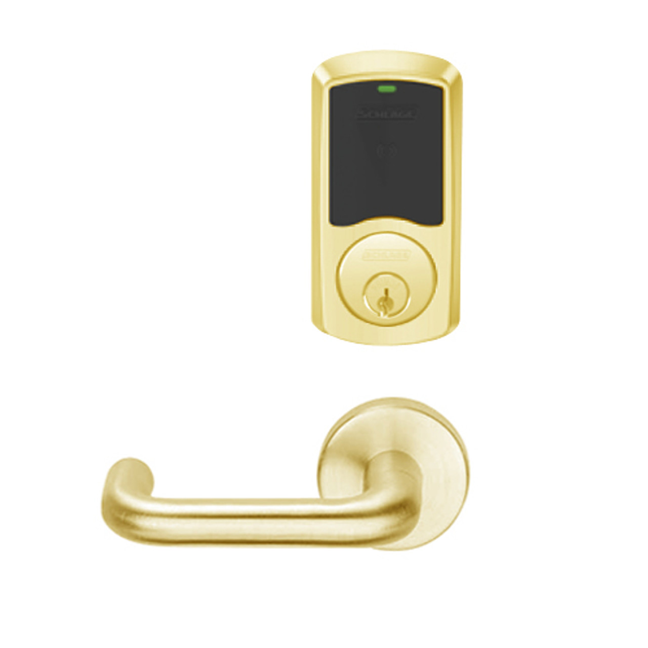 LEMS-GRW-P-03-605-00C Schlage Storeroom Wireless Greenwich Mortise Lock with LED Indicator and Tubular Lever in Bright Brass