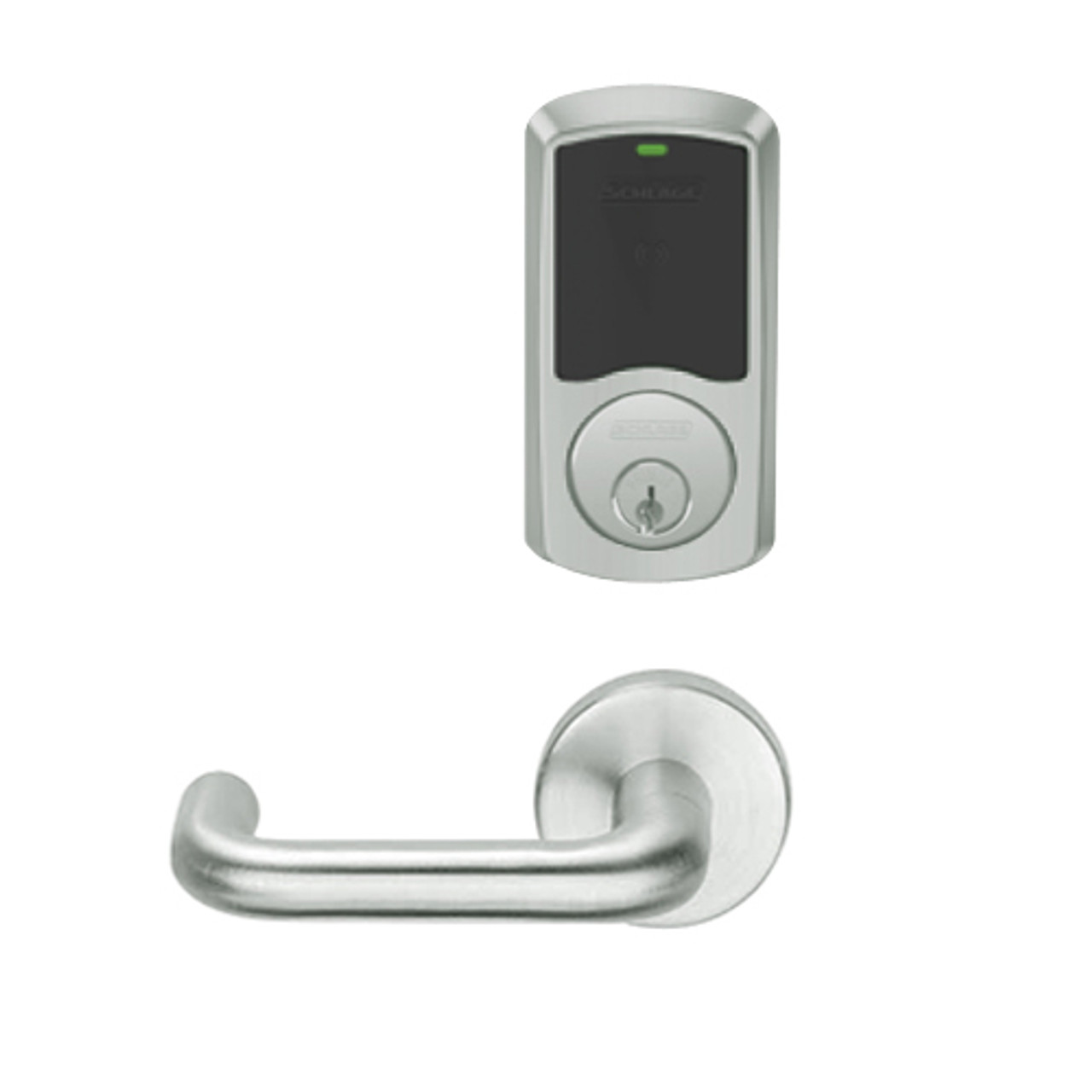 LEMS-GRW-P-03-619-00C Schlage Storeroom Wireless Greenwich Mortise Lock with LED Indicator and Tubular Lever in Satin Nickel