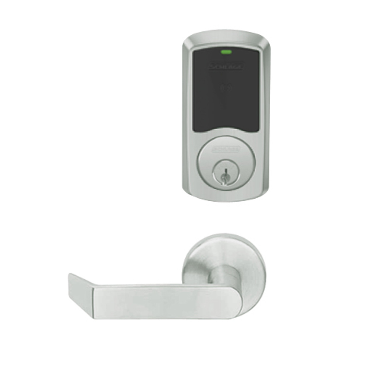 LEMS-GRW-P-06-619-00A Schlage Storeroom Wireless Greenwich Mortise Lock with LED Indicator and Rhodes Lever in Satin Nickel