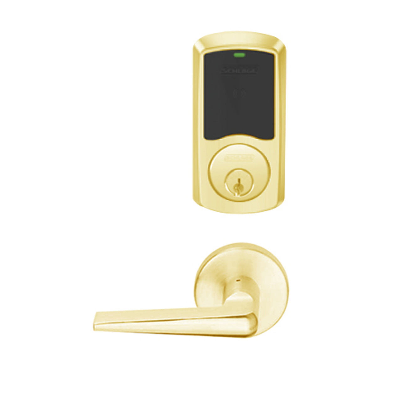 LEMS-GRW-P-05-605-00A Schlage Storeroom Wireless Greenwich Mortise Lock with LED Indicator and 05 Lever in Bright Brass