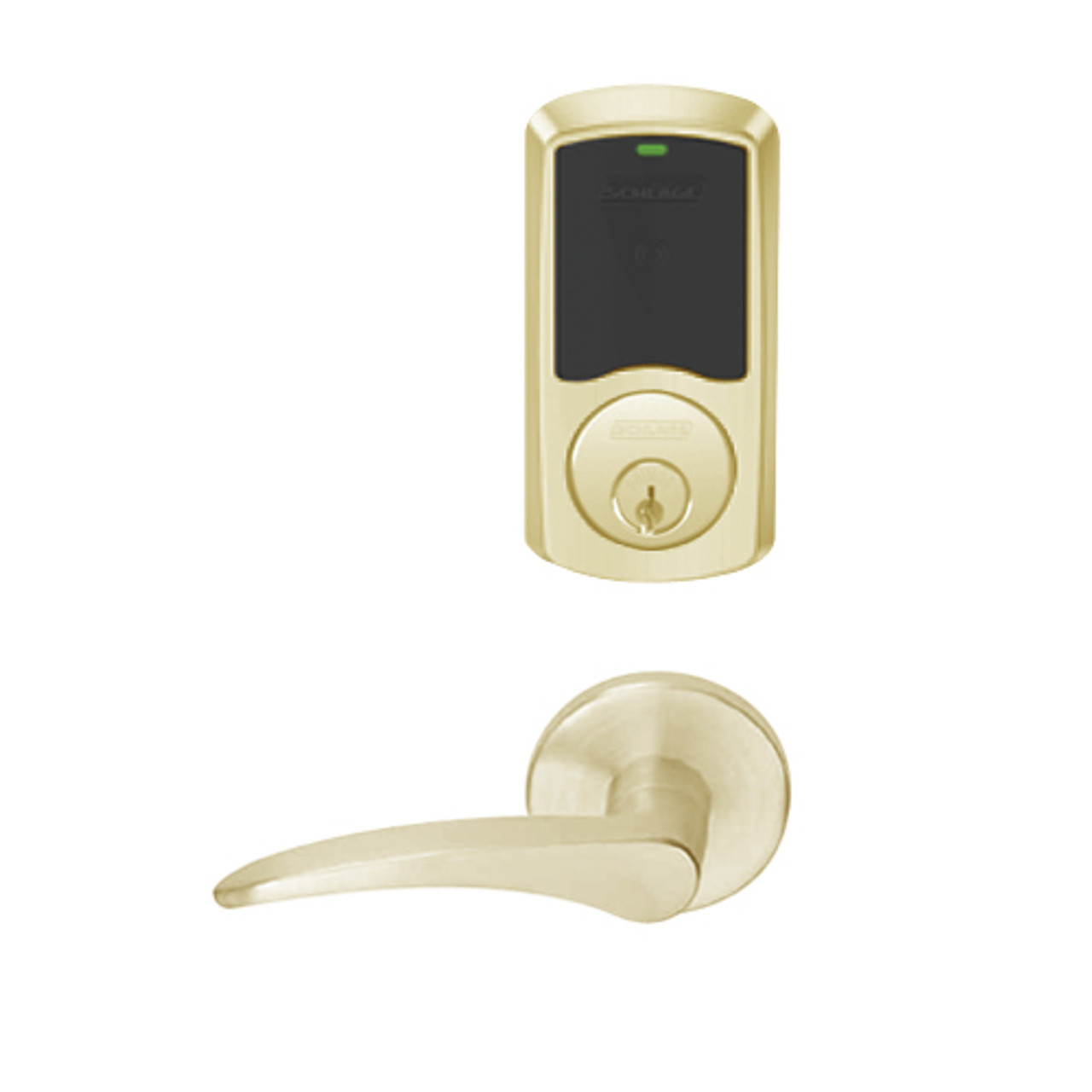 LEMS-GRW-P-12-606-00A-RH Schlage Storeroom Wireless Greenwich Mortise Lock with LED Indicator and 12 Lever in Satin Brass