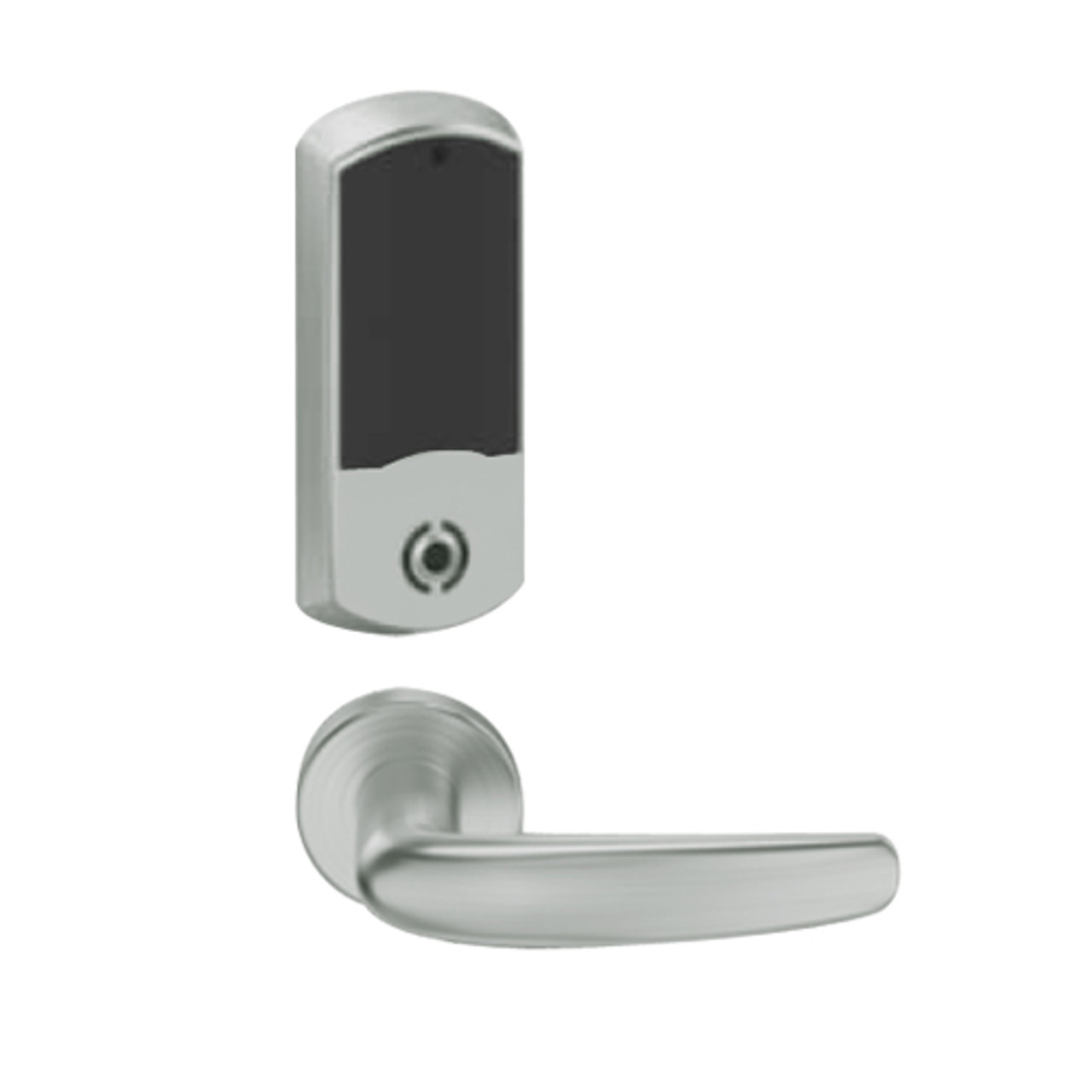 LEMS-GRW-L-07-619-00B Schlage Less Cylinder Storeroom Wireless Greenwich Mortise Lock with LED Indicator and Athens Lever in Satin Nickel