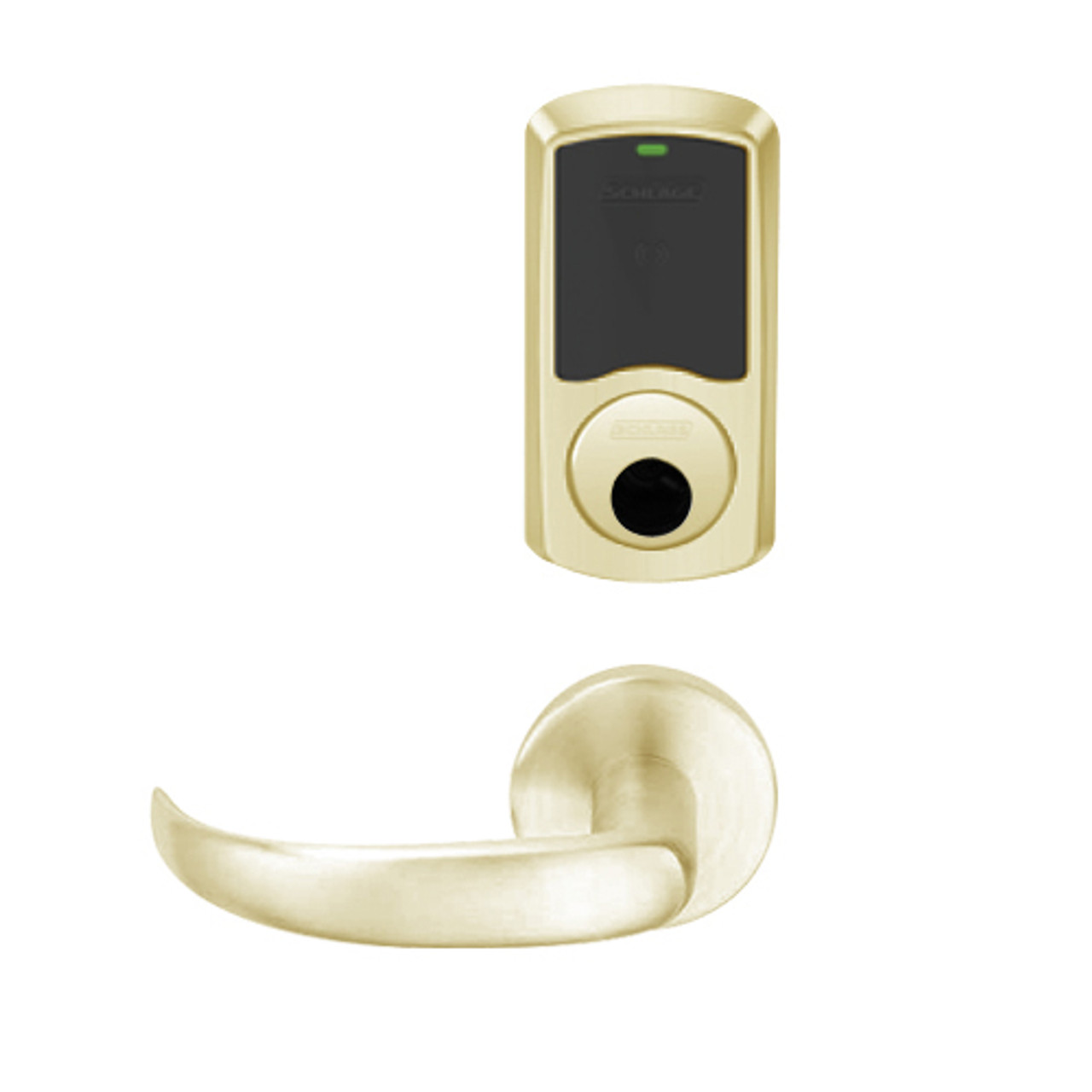 LEMS-GRW-L-17-606-00B Schlage Less Cylinder Storeroom Wireless Greenwich Mortise Lock with LED Indicator and Sparta Lever in Satin Brass