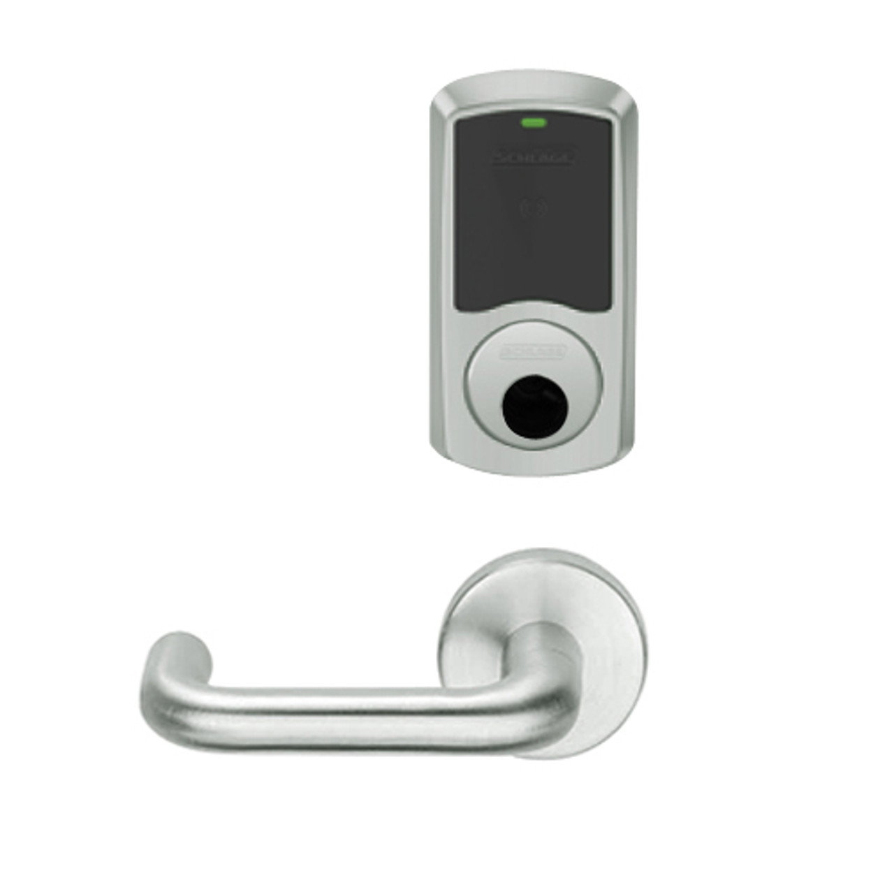 LEMS-GRW-L-03-619-00A Schlage Less Cylinder Storeroom Wireless Greenwich Mortise Lock with LED Indicator and Tubular Lever in Satin Nickel