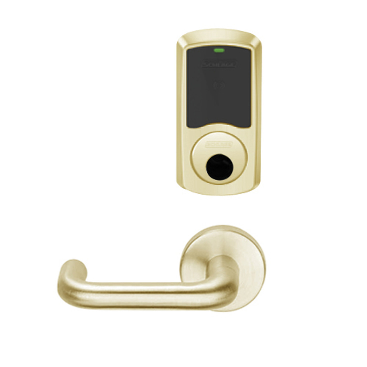 LEMS-GRW-L-03-606-00B Schlage Less Cylinder Storeroom Wireless Greenwich Mortise Lock with LED Indicator and Tubular Lever in Satin Brass