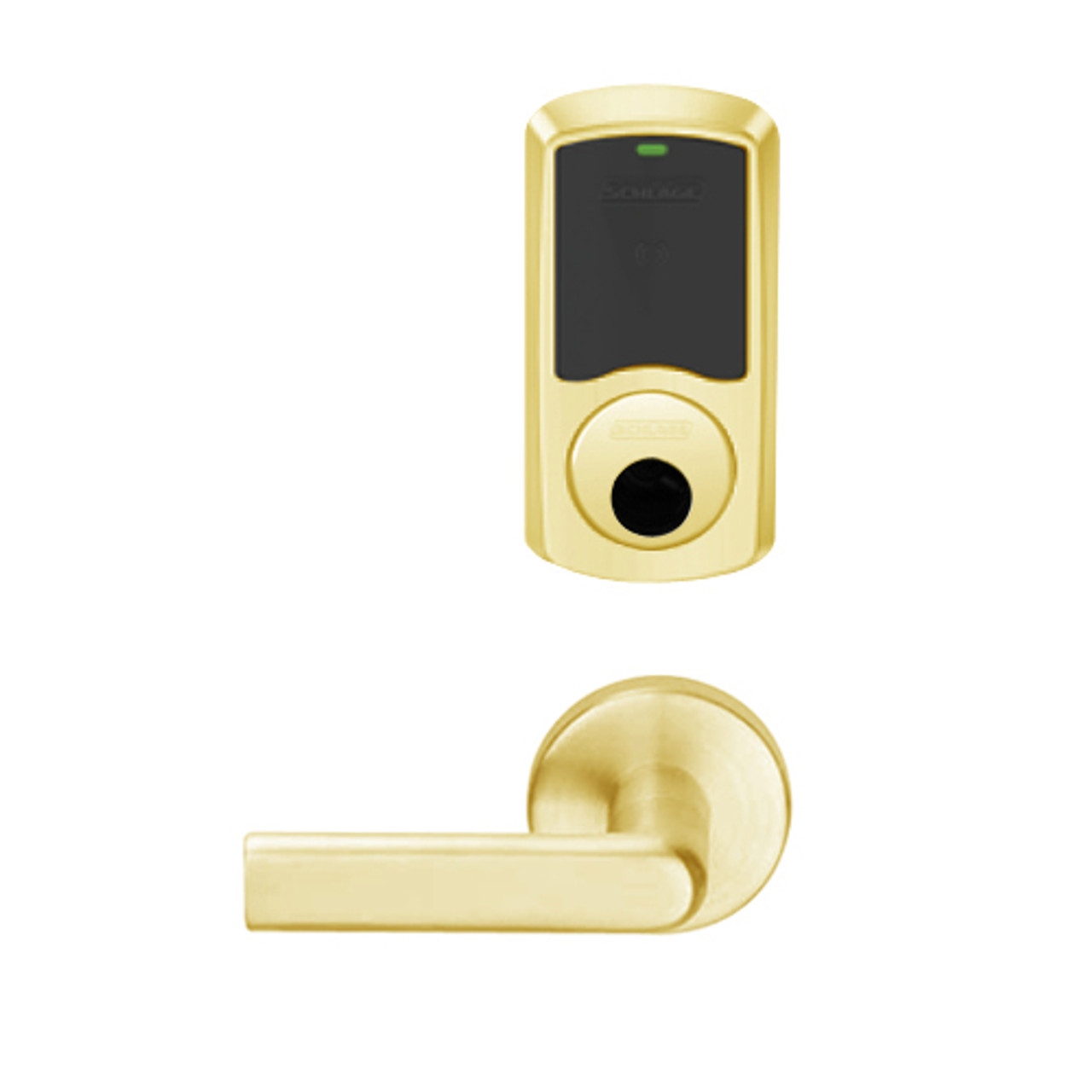 LEMS-GRW-L-01-605-00C Schlage Less Cylinder Storeroom Wireless Greenwich Mortise Lock with LED Indicator and 01 Lever in Bright Brass