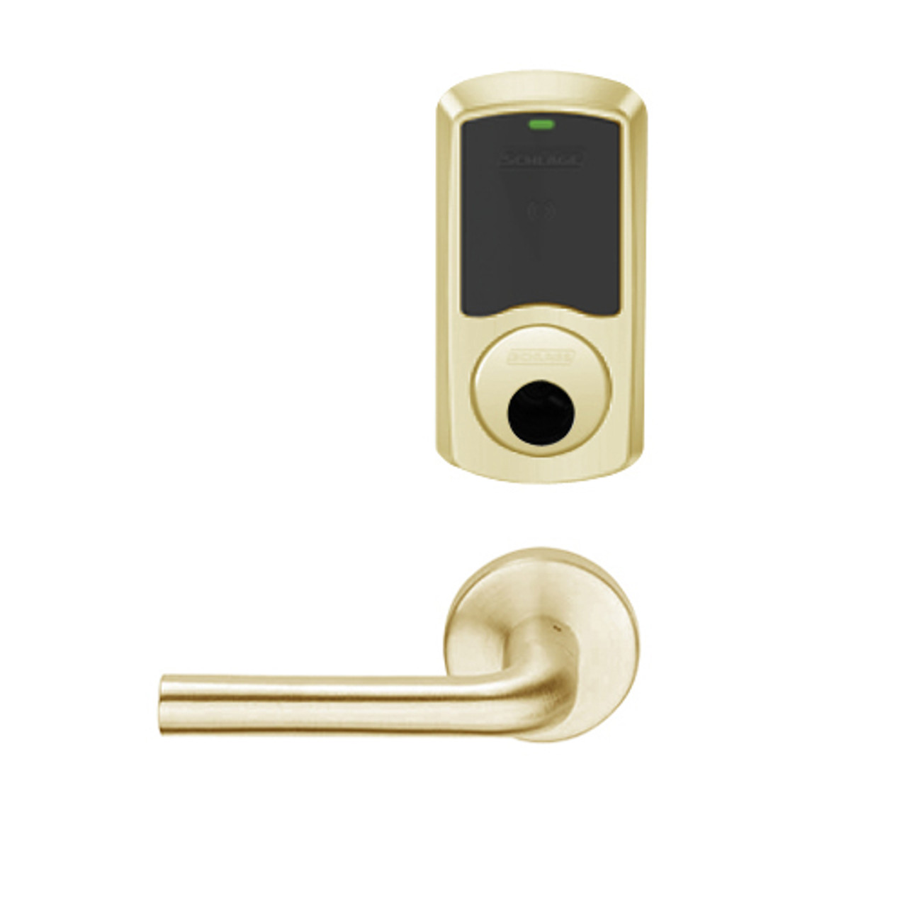 LEMS-GRW-L-02-606-00A Schlage Less Cylinder Storeroom Wireless Greenwich Mortise Lock with LED Indicator and 02 Lever in Satin Brass