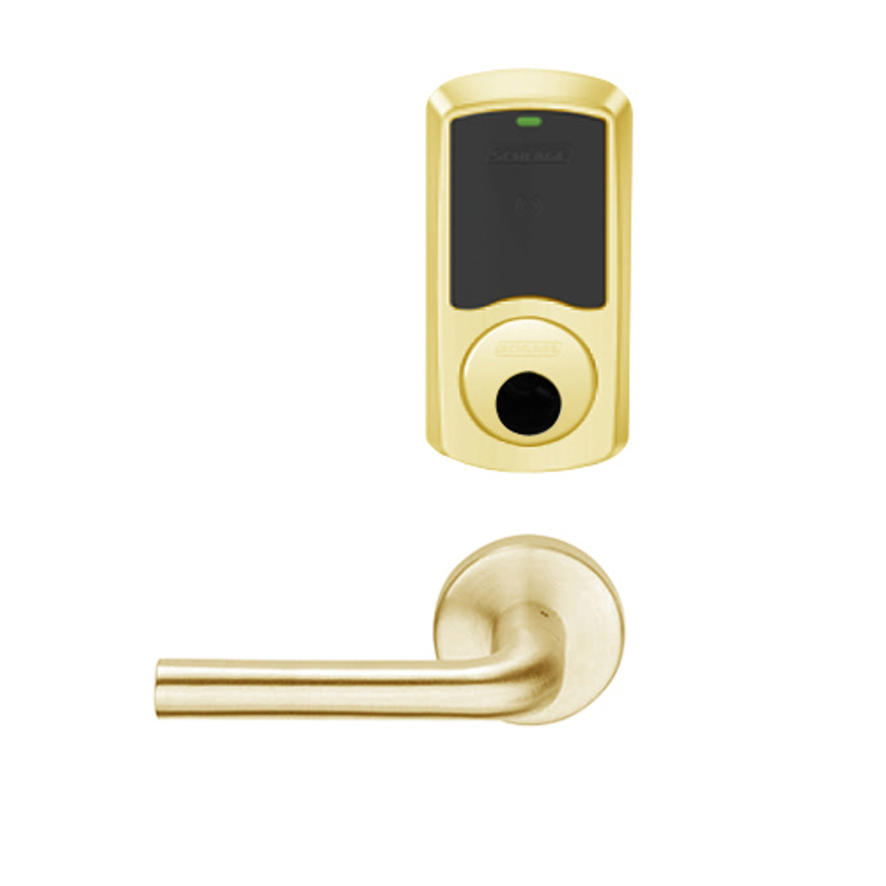 LEMS-GRW-L-02-605-00B Schlage Less Cylinder Storeroom Wireless Greenwich Mortise Lock with LED Indicator and 02 Lever in Bright Brass