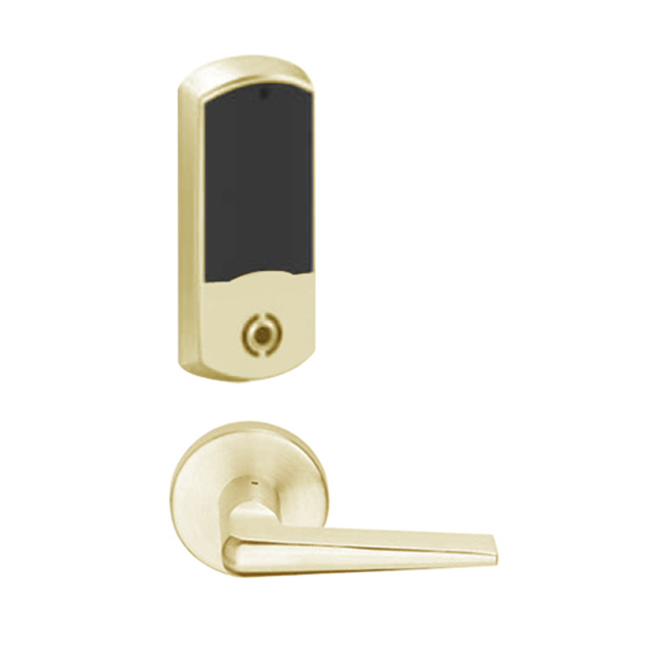 LEMS-GRW-L-05-606-00B Schlage Less Cylinder Storeroom Wireless Greenwich Mortise Lock with LED Indicator and 05 Lever in Satin Brass
