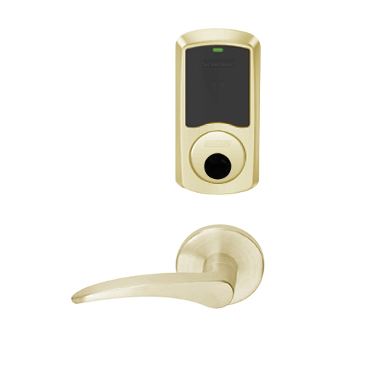 LEMS-GRW-L-12-606-00A-RH Schlage Less Cylinder Storeroom Wireless Greenwich Mortise Lock with LED Indicator and 12 Lever in Satin Brass