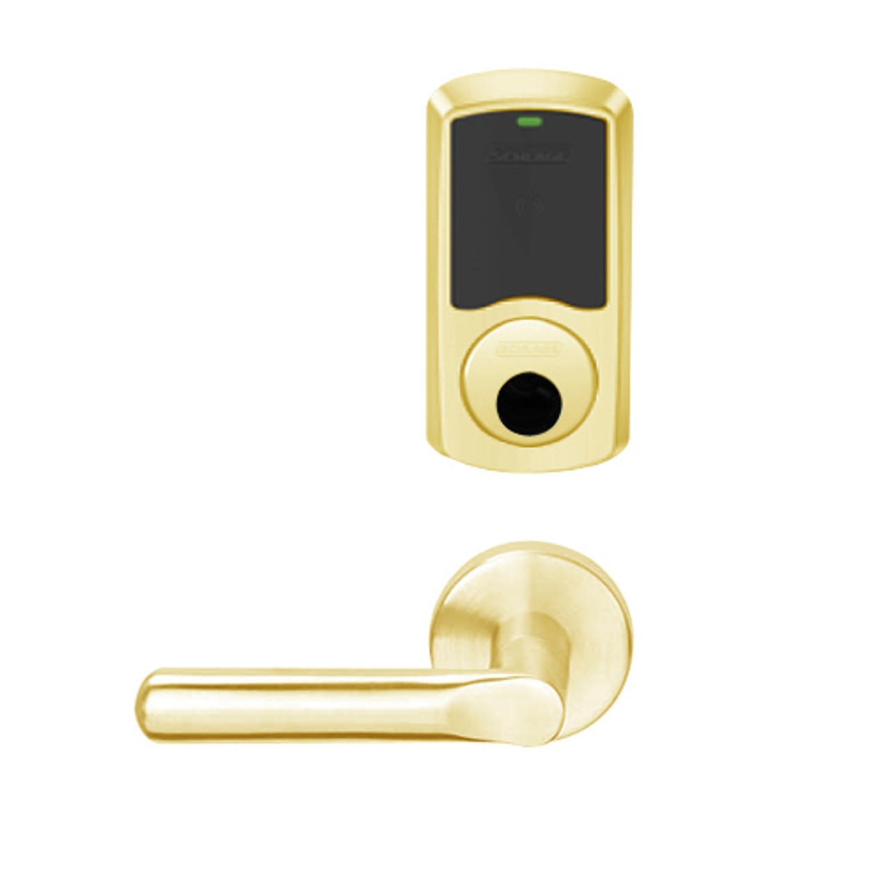 LEMS-GRW-L-18-605-00B Schlage Less Cylinder Storeroom Wireless Greenwich Mortise Lock with LED Indicator and 18 Lever in Bright Brass