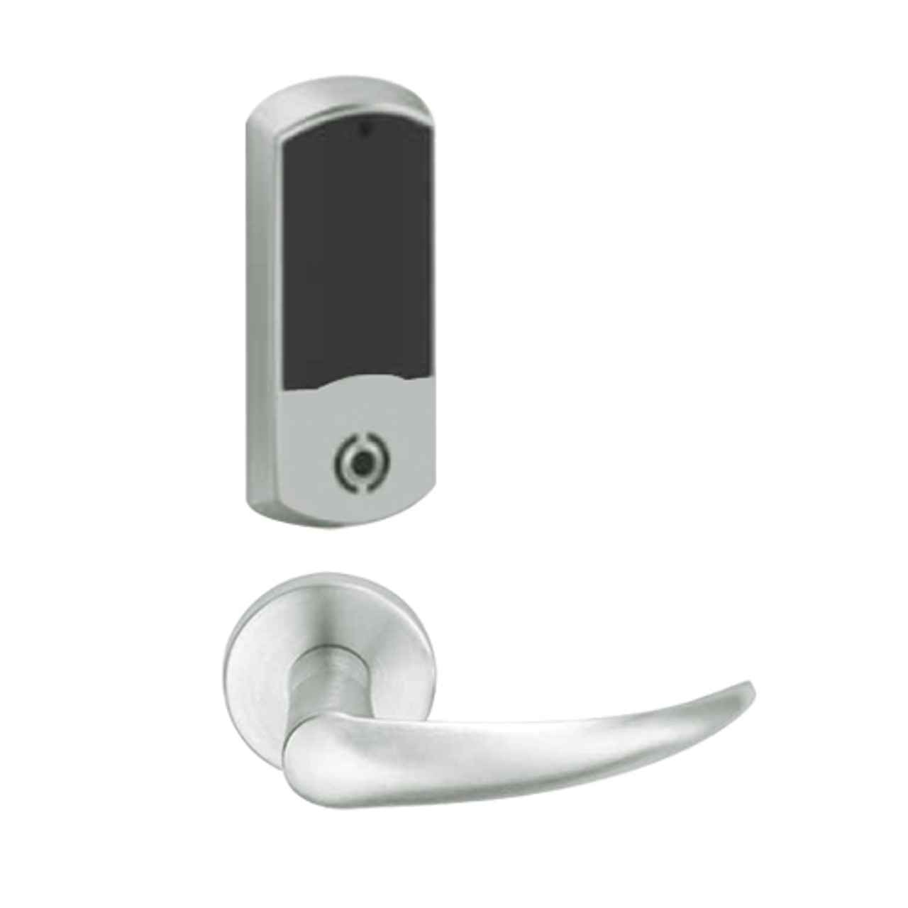 LEMS-GRW-L-OME-619-00C Schlage Less Cylinder Storeroom Wireless Greenwich Mortise Lock with LED Indicator and Omega Lever in Satin Nickel
