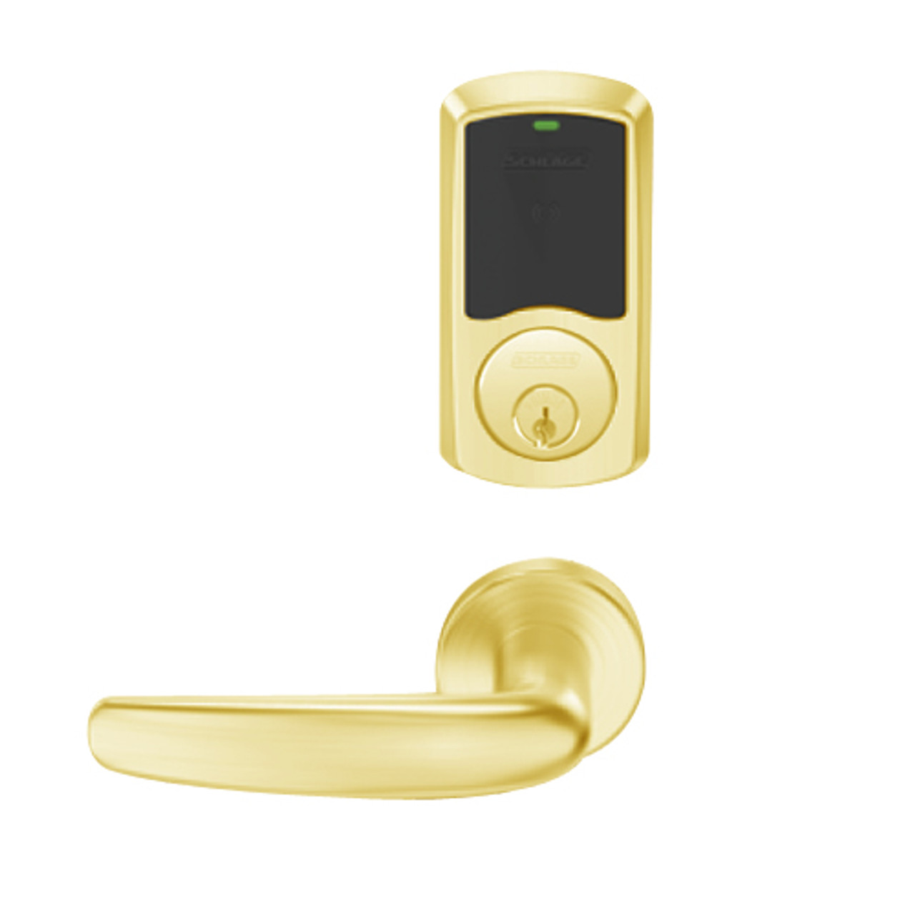 LEMB-GRW-P-07-605-00A Schlage Privacy/Office Wireless Greenwich Mortise Lock with Push Button & LED Indicator and Athens Lever in Bright Brass