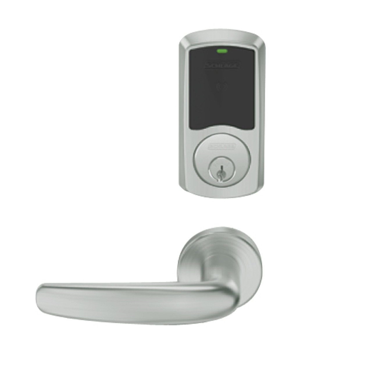 LEMB-GRW-P-07-619-00A Schlage Privacy/Office Wireless Greenwich Mortise Lock with Push Button & LED Indicator and Athens Lever in Satin Nickel
