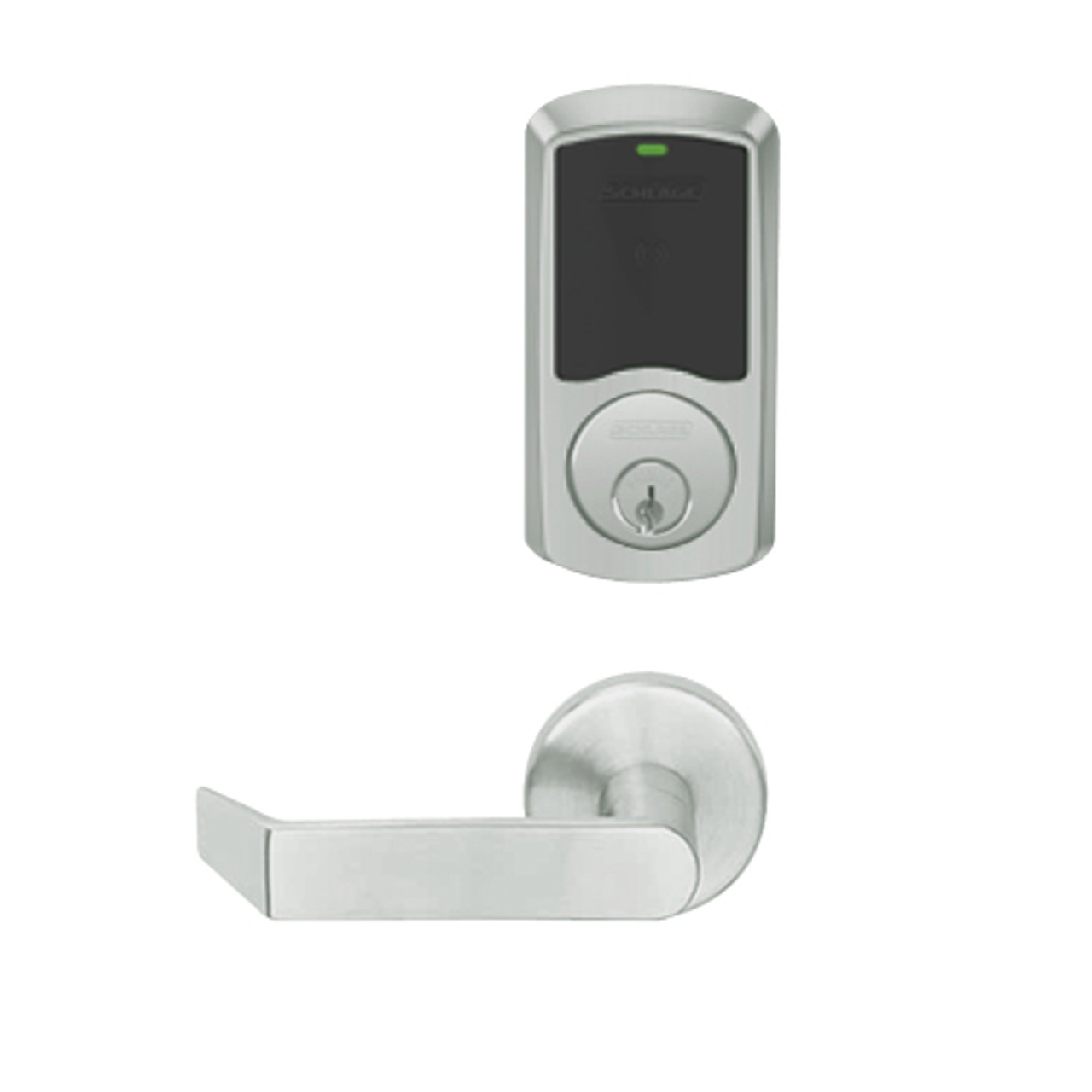 LEMB-GRW-P-06-619-00C Schlage Privacy/Office Wireless Greenwich Mortise Lock with Push Button & LED Indicator and Rhodes Lever in Satin Nickel