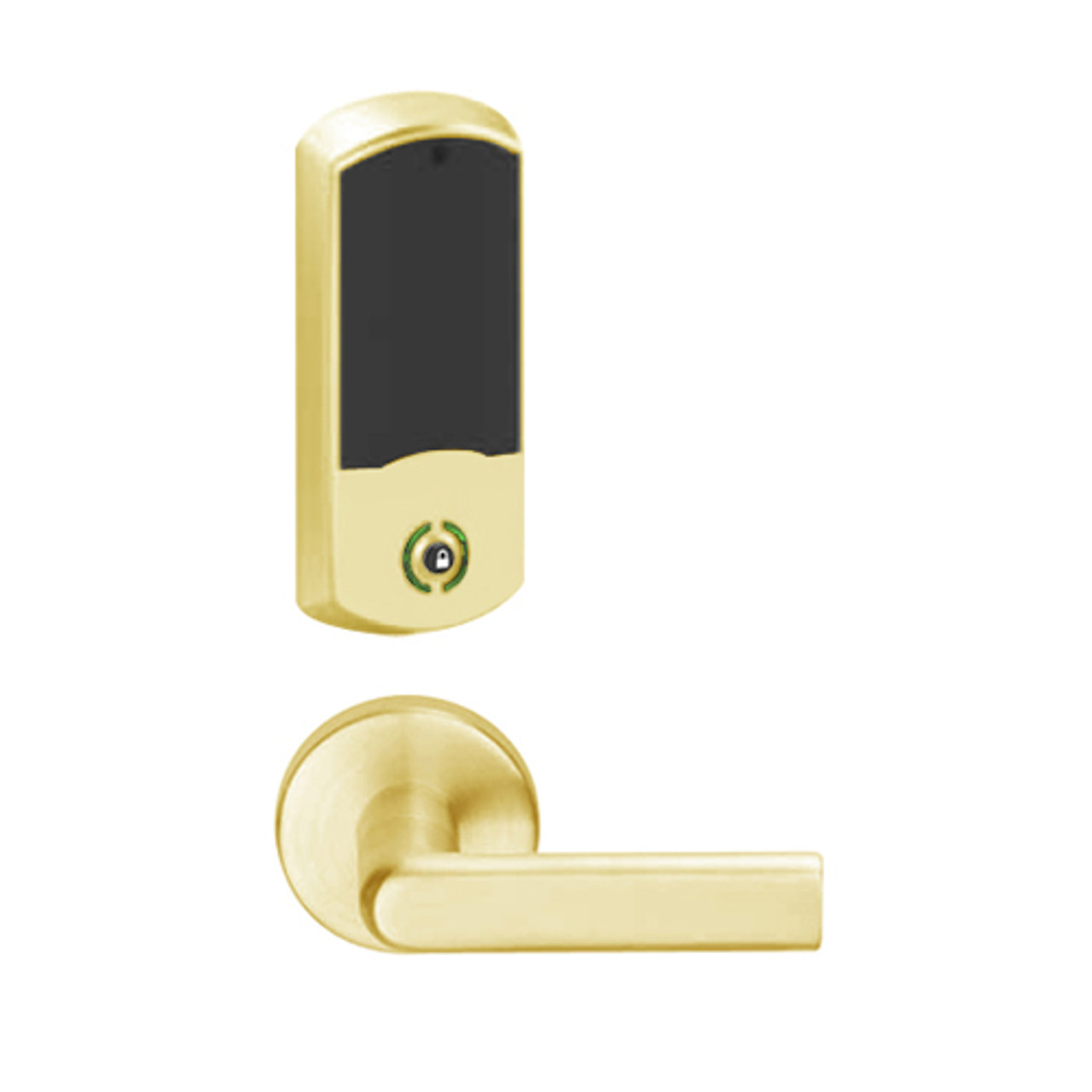 LEMB-GRW-P-01-605-00A Schlage Privacy/Office Wireless Greenwich Mortise Lock with Push Button & LED Indicator and 01 Lever in Bright Brass