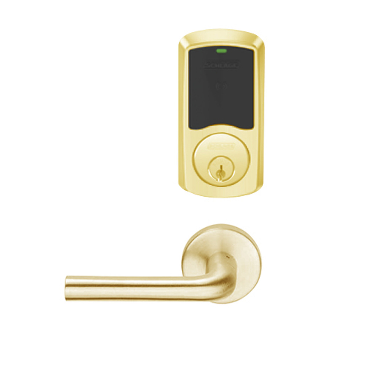 LEMB-GRW-P-02-605-00C Schlage Privacy/Office Wireless Greenwich Mortise Lock with Push Button & LED Indicator and 02 Lever in Bright Brass