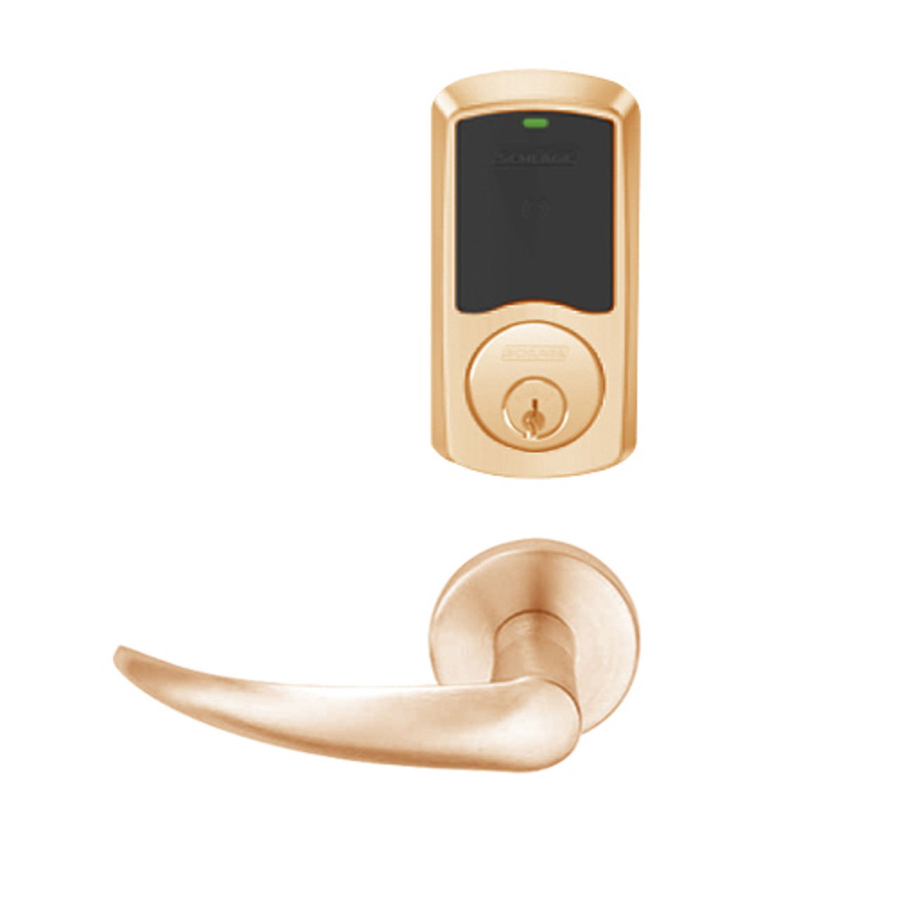 LEMB-GRW-P-OME-612-00A Schlage Privacy/Office Wireless Greenwich Mortise Lock with LED Indicator and Omega Lever in Satin Bronze