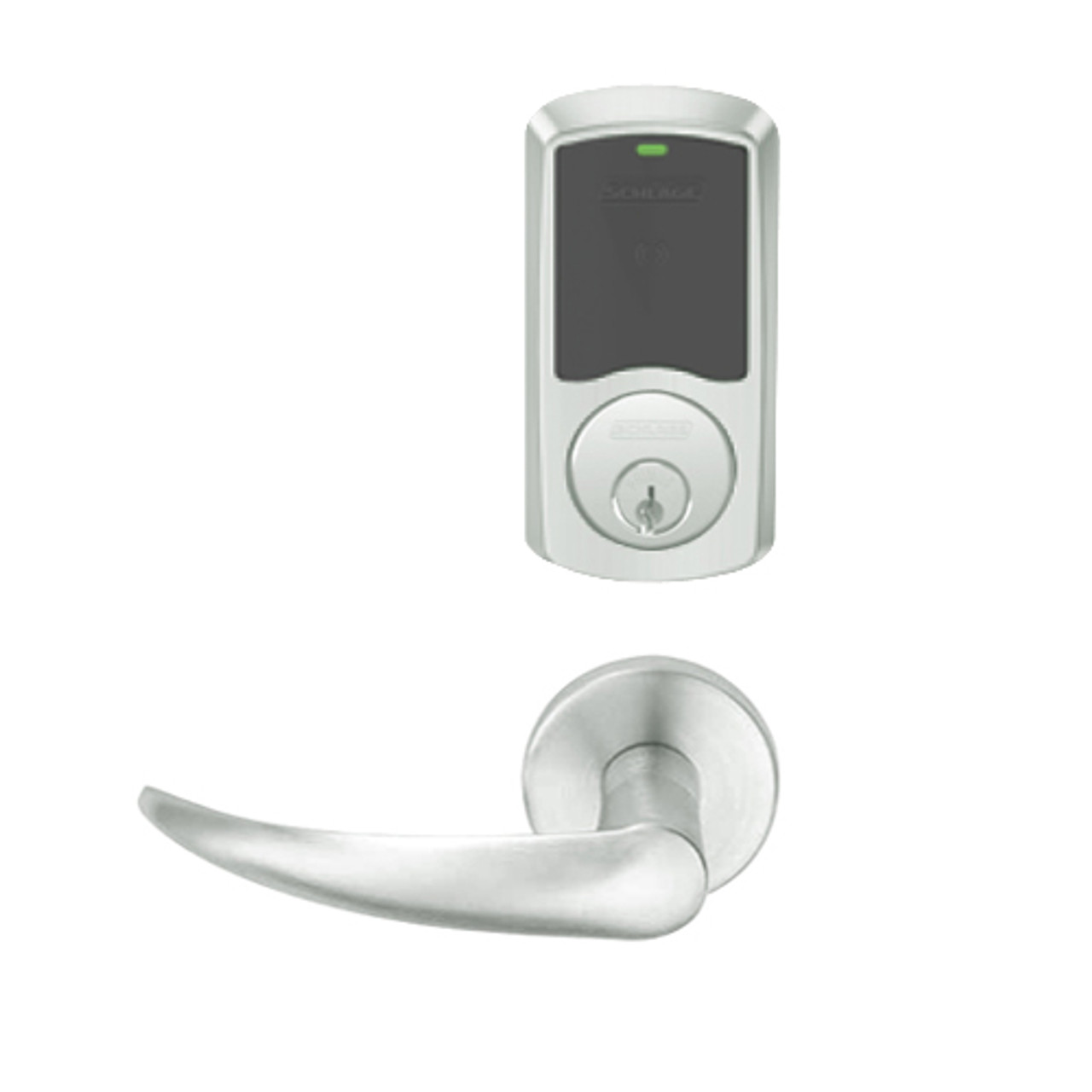 LEMB-GRW-P-OME-619-00C Schlage Privacy/Office Wireless Greenwich Mortise Lock with LED Indicator and Omega Lever in Satin Nickel