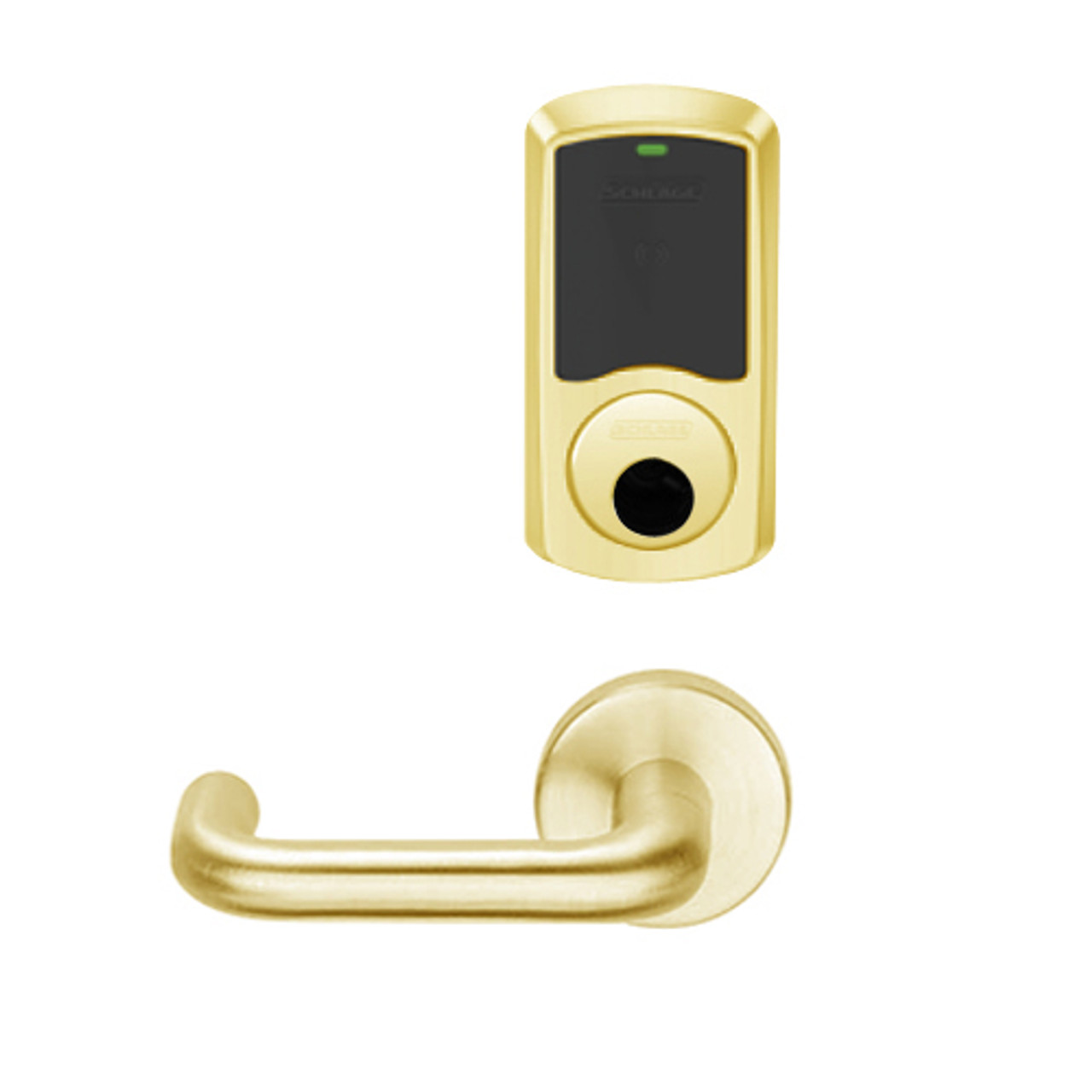 LEMB-GRW-L-03-605-00C Schlage Less Cylinder Privacy/Office Wireless Greenwich Mortise Lock with Push Button & LED Indicator and Tubular Lever in Bright Brass