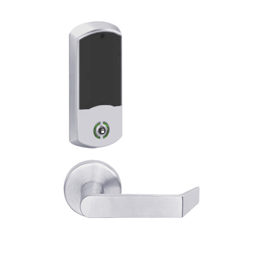 LEMB-GRW-L-06-626-00B Schlage Less Cylinder Privacy/Office Wireless Greenwich Mortise Lock with Push Button & LED Indicator and Rhodes Lever in Satin Chrome
