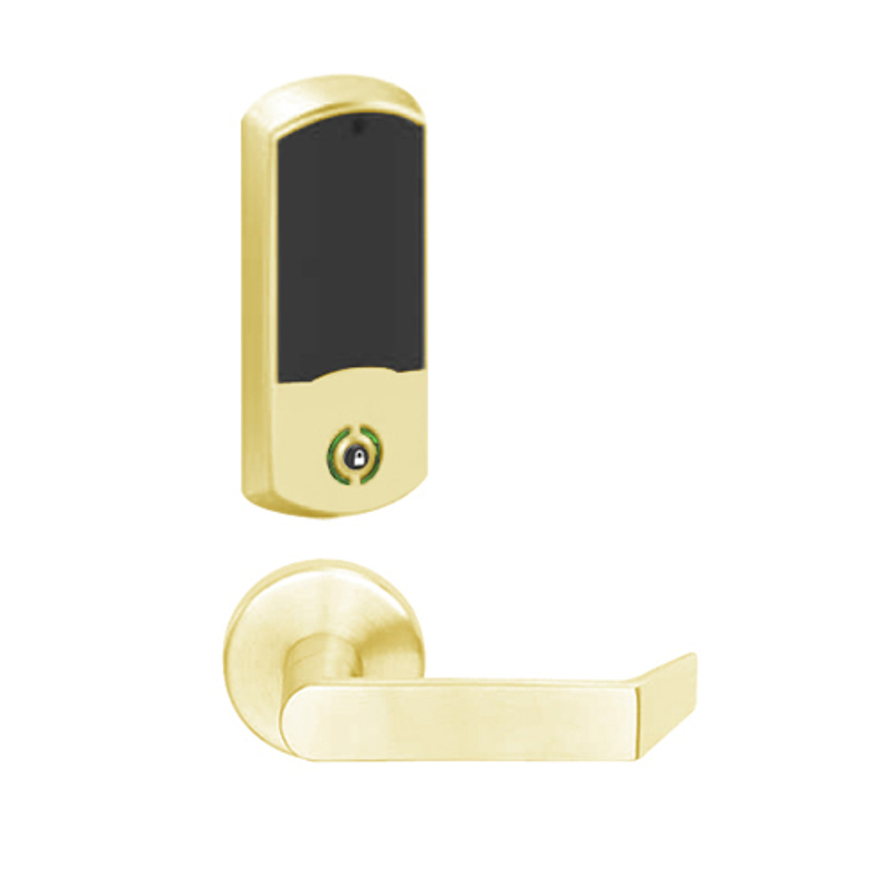 LEMB-GRW-L-06-605-00C Schlage Less Cylinder Privacy/Office Wireless Greenwich Mortise Lock with Push Button & LED Indicator and Rhodes Lever in Bright Brass