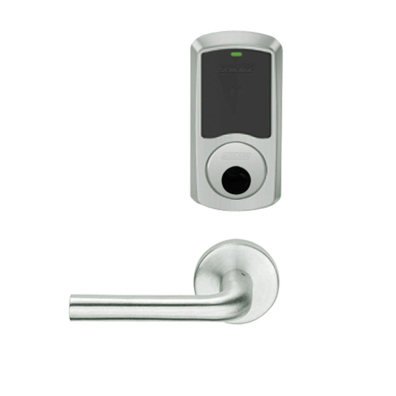 LEMB-GRW-L-02-619-00A Schlage Less Cylinder Privacy/Office Wireless Greenwich Mortise Lock with Push Button & LED Indicator and 02 Lever in Satin Nickel