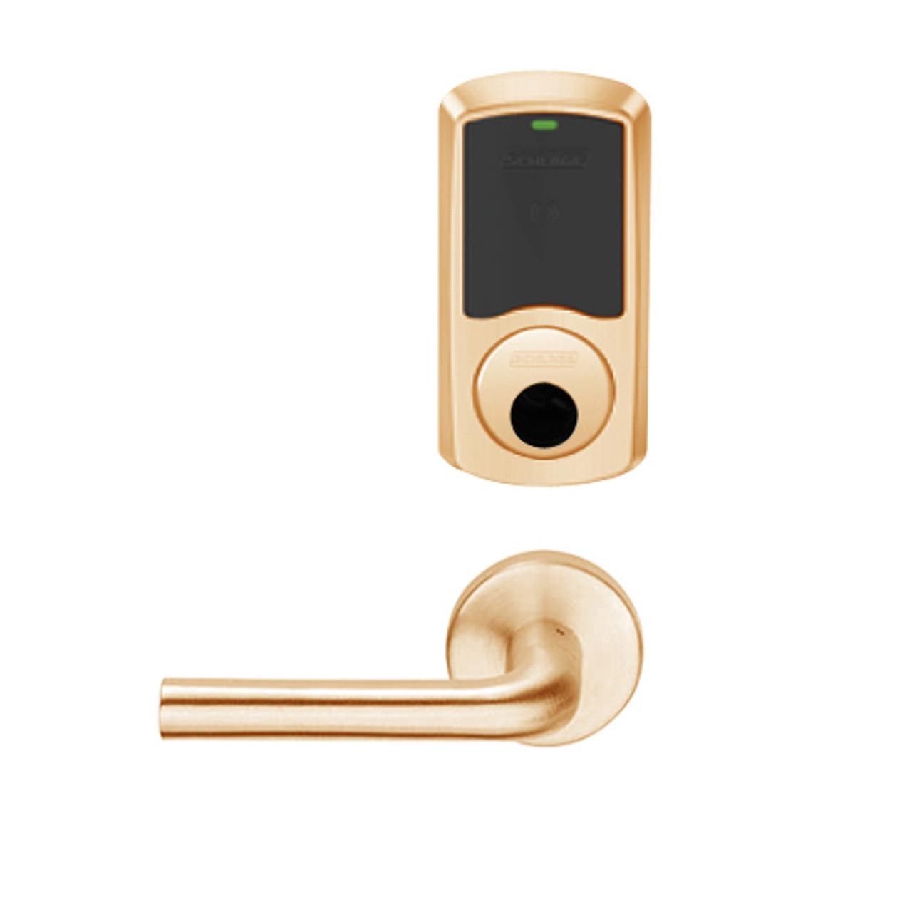 LEMB-GRW-L-02-612-00B Schlage Less Cylinder Privacy/Office Wireless Greenwich Mortise Lock with Push Button & LED Indicator and 02 Lever in Satin Bronze