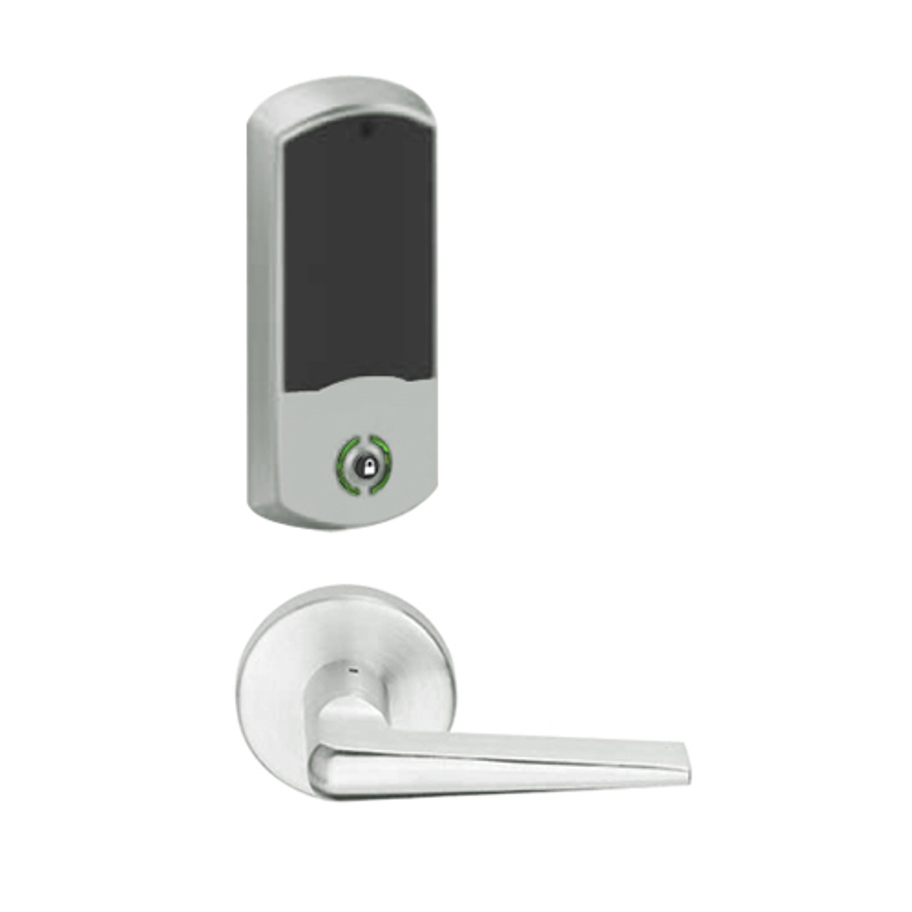 LEMB-GRW-L-05-619-00A Schlage Less Cylinder Privacy/Office Wireless Greenwich Mortise Lock with Push Button & LED Indicator and 05 Lever in Satin Nickel