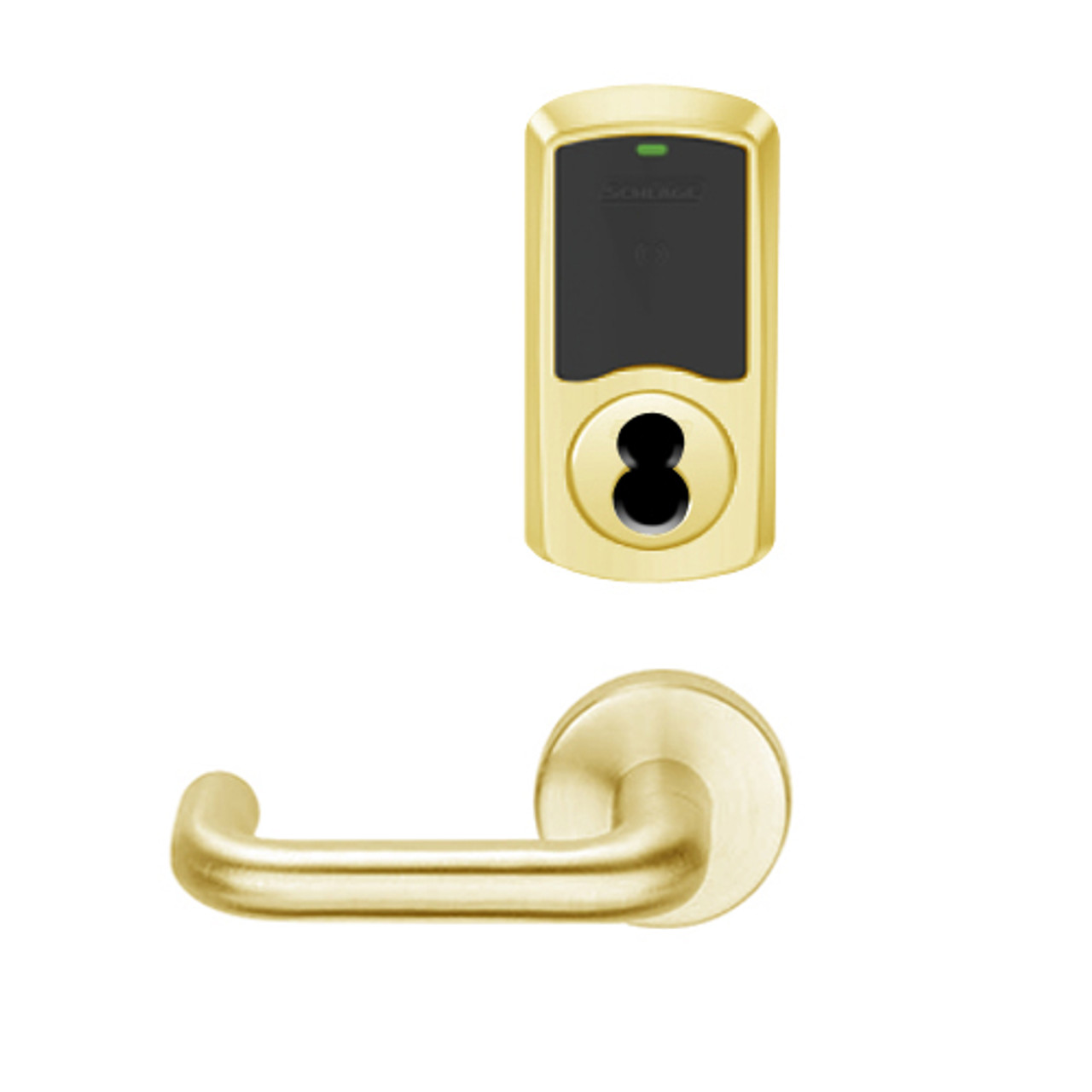 LEMS-GRW-J-03-605-00A Schlage Storeroom Wireless Greenwich Mortise Lock with LED Indicator and Tubular Lever Prepped for FSIC in Bright Brass