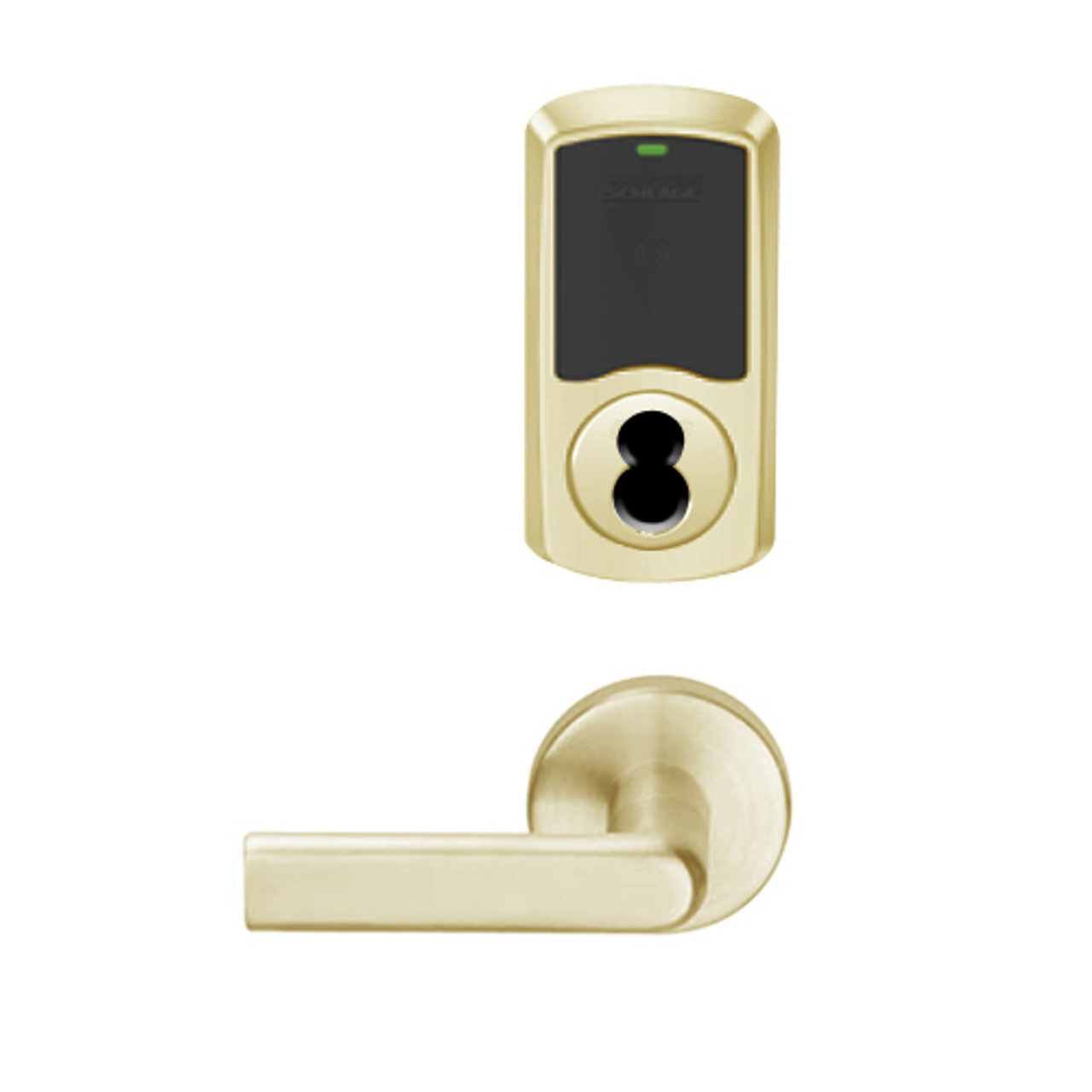 LEMS-GRW-J-01-606-00B Schlage Storeroom Wireless Greenwich Mortise Lock with LED Indicator and 01 Lever Prepped for FSIC in Satin Brass