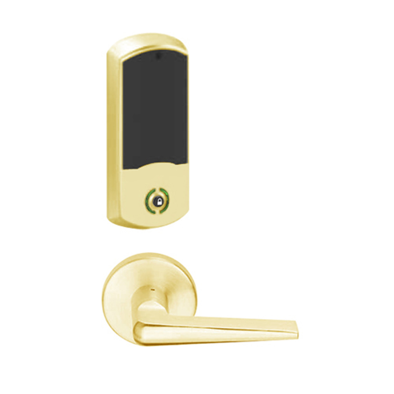 LEMB-GRW-L-05-605-00B Schlage Less Cylinder Privacy/Office Wireless Greenwich Mortise Lock with Push Button & LED Indicator and 05 Lever in Bright Brass