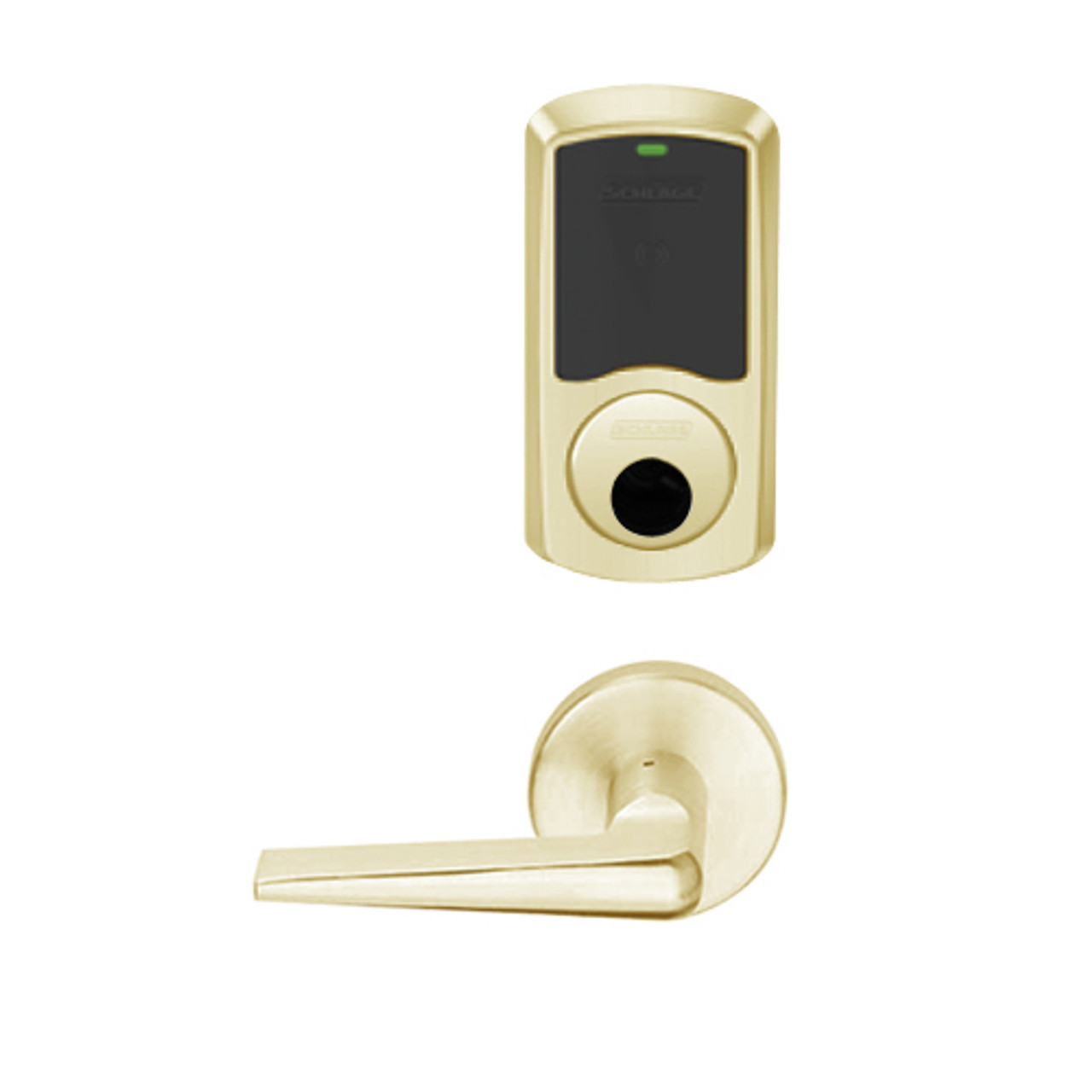 LEMB-GRW-L-05-606-00B Schlage Less Cylinder Privacy/Office Wireless Greenwich Mortise Lock with Push Button & LED Indicator and 05 Lever in Satin Brass