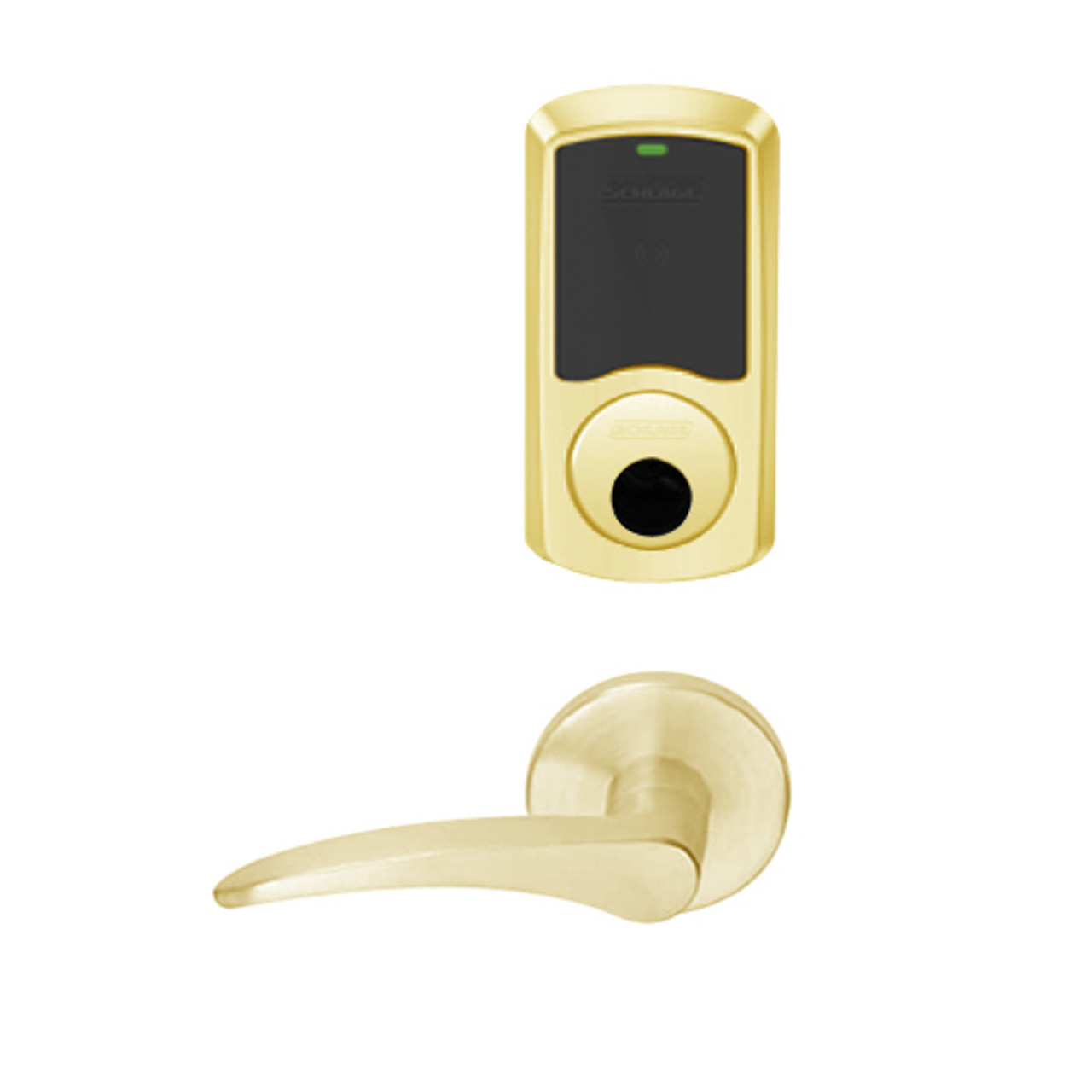 LEMB-GRW-L-12-605-00B-LH Schlage Less Cylinder Privacy/Office Wireless Greenwich Mortise Lock with Push Button & LED Indicator and 12 Lever in Bright Brass