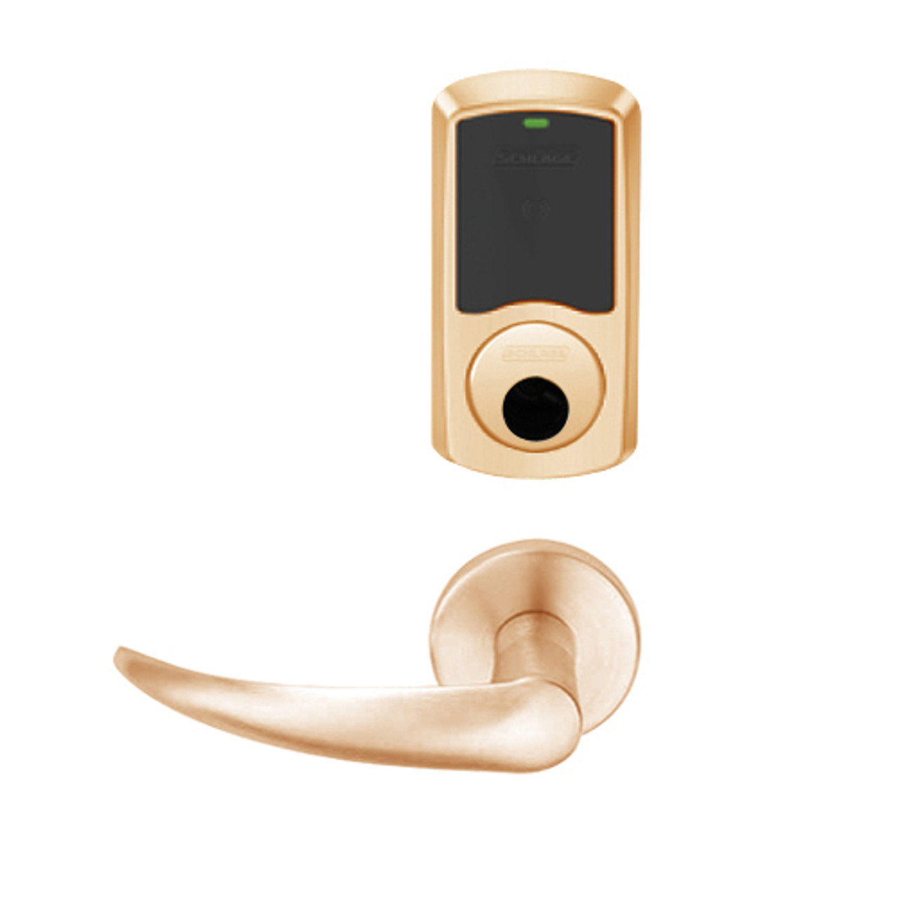LEMB-GRW-L-OME-612-00B Schlage Less Cylinder Privacy/Office Wireless Greenwich Mortise Lock with LED Indicator and Omega Lever in Satin Bronze