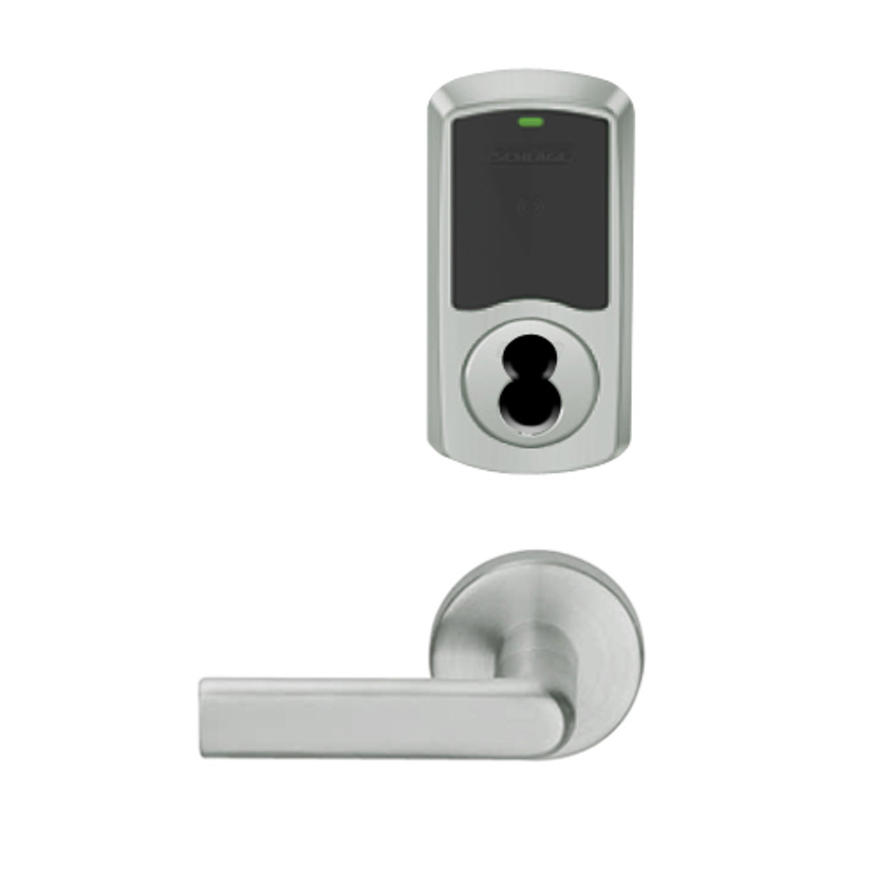 LEMB-GRW-J-01-619-00A Schlage Privacy/Office Wireless Greenwich Mortise Lock with Push Button & LED Indicator and 01 Lever Prepped for FSIC in Satin Nickel